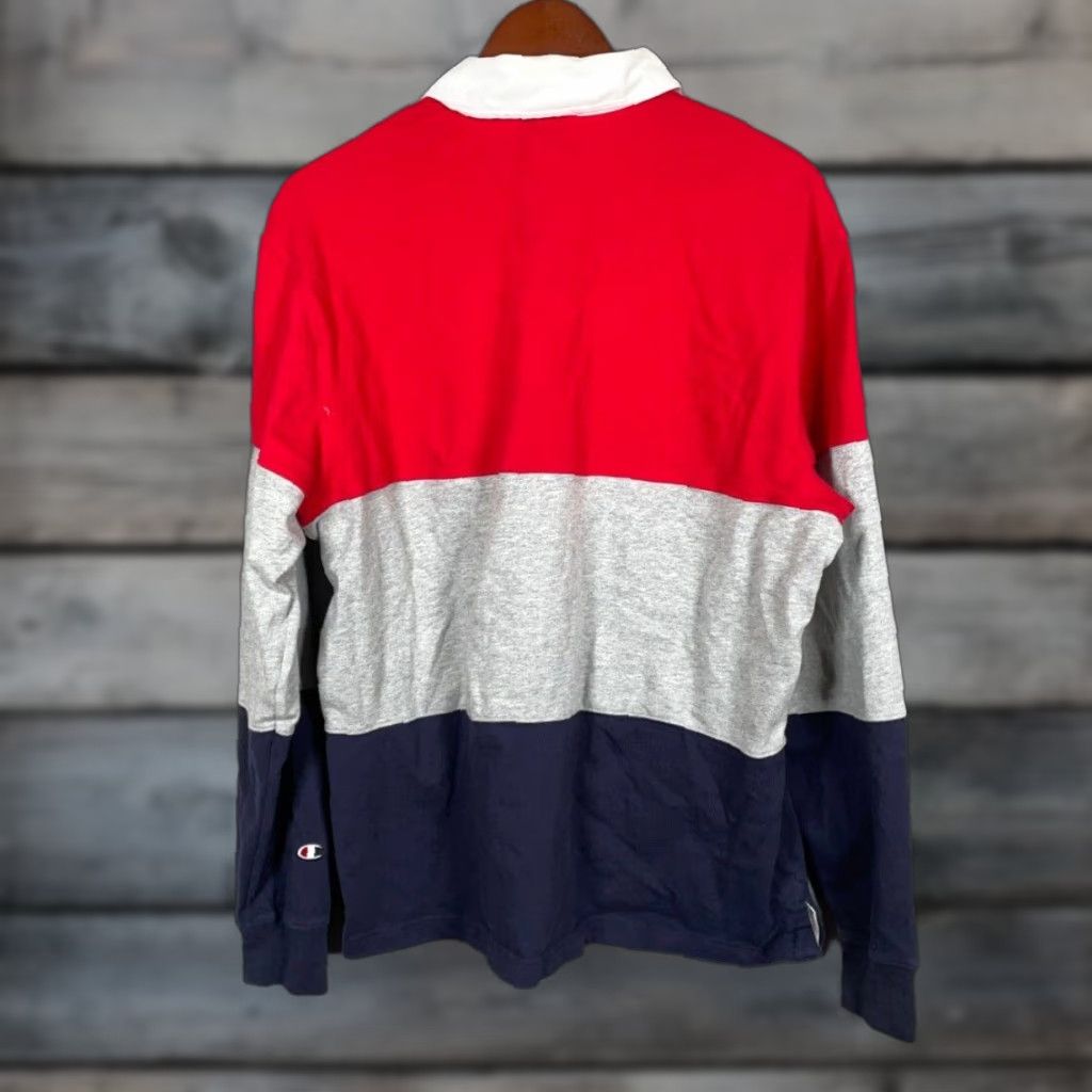 Champion Champion Reverse Weave Rugby Shirt Mens Large Red Blue Gray Stripe Preppy Shirt Polo Size US L / EU 52-54 / 3 - 1 Thumbnail
