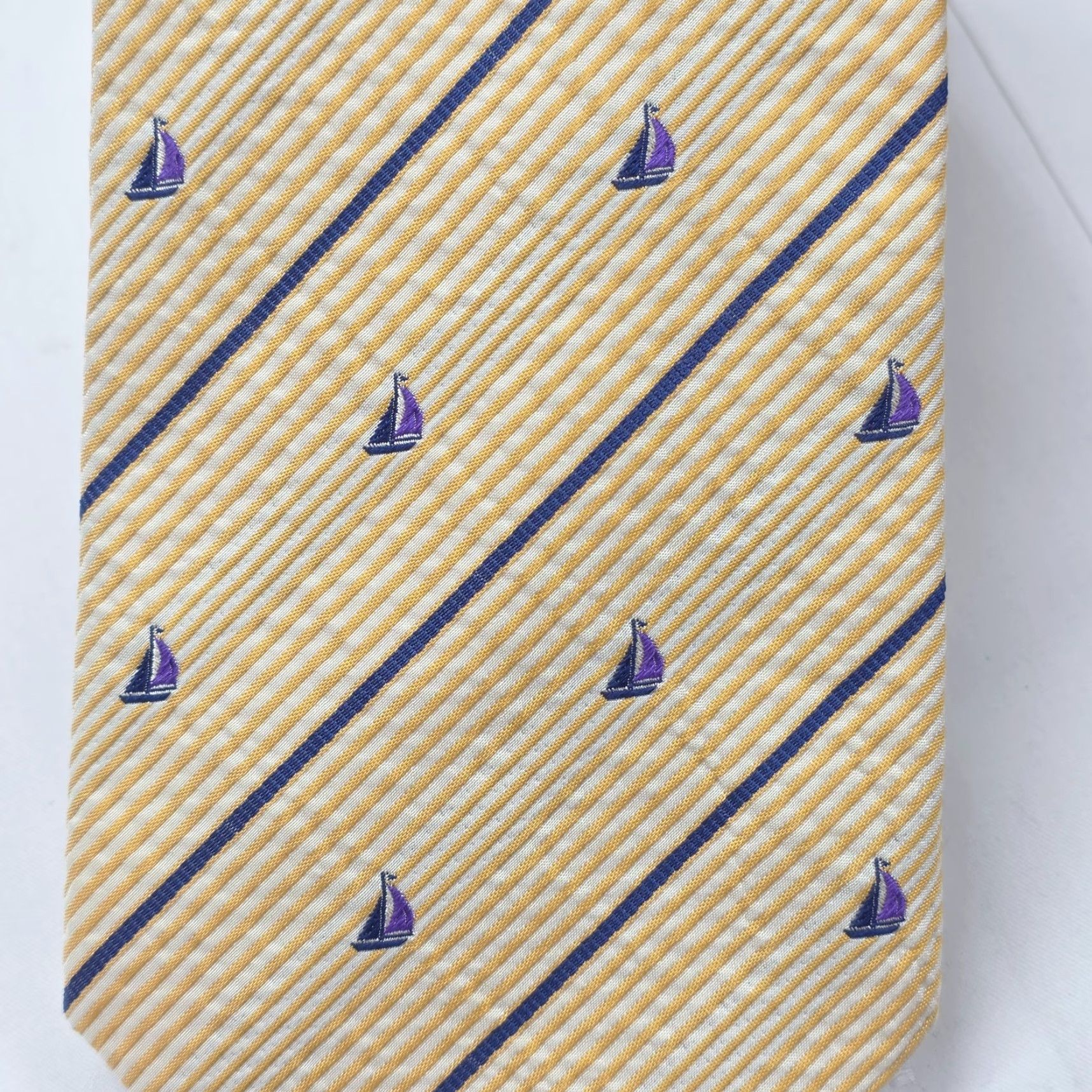 Vintage Paul Fredrick Necktie Mens Yellow Designer Tie Sail Boats Striped Preppy 59" X 3.75" Silk Tie Mens Size ONE SIZE - 2 Thumbnail
