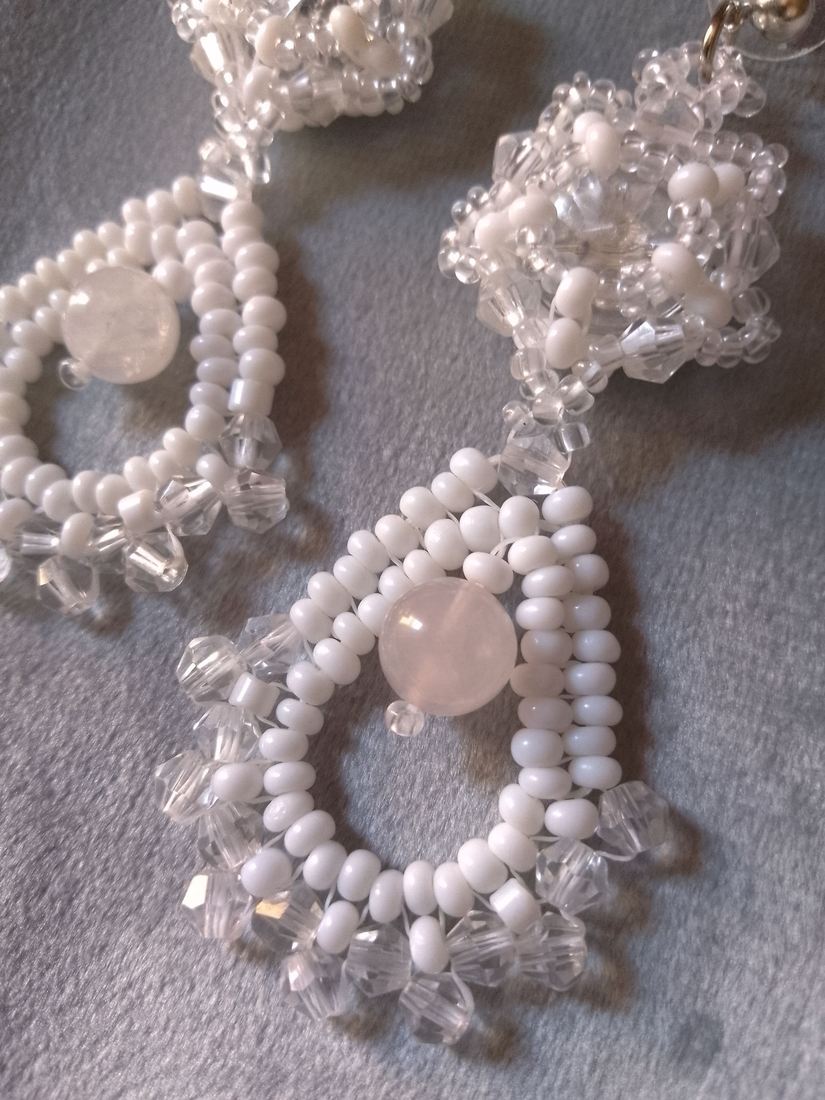Handmade White Earrings bell shape Rose quartz gemstones Size ONE SIZE - 3 Thumbnail