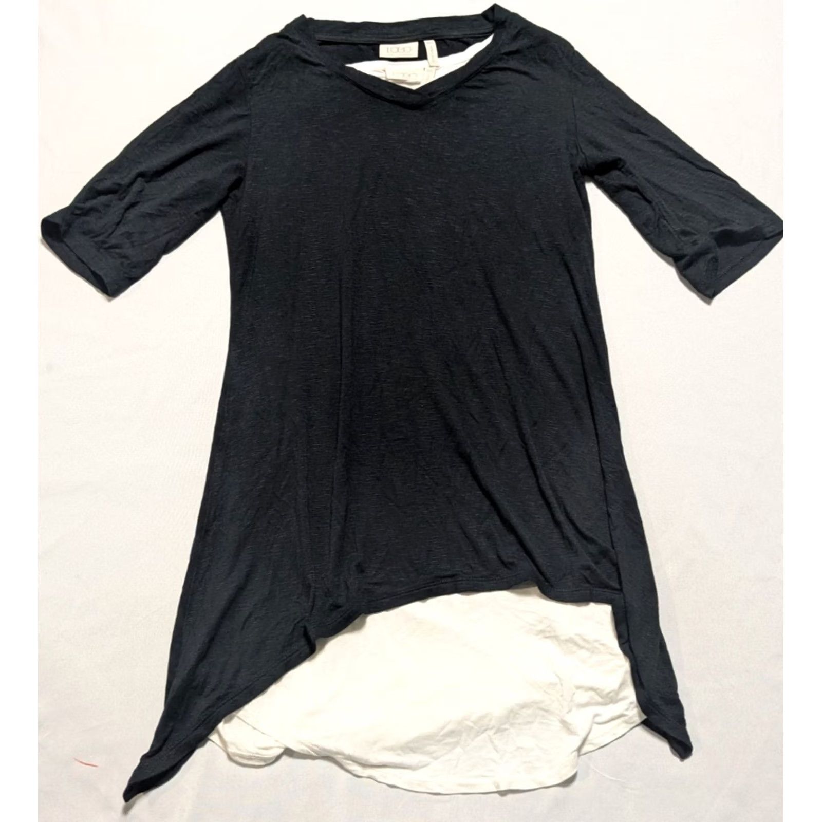 Vintage LOGO Lori Goldstein - Women 2XS Black + White 2 in 1 Layered Top Rayon Stretch Blouse Short Sleeve Tunic V-Neck Womens Size XXS / US 00 / IT 34 - 2 Thumbnail