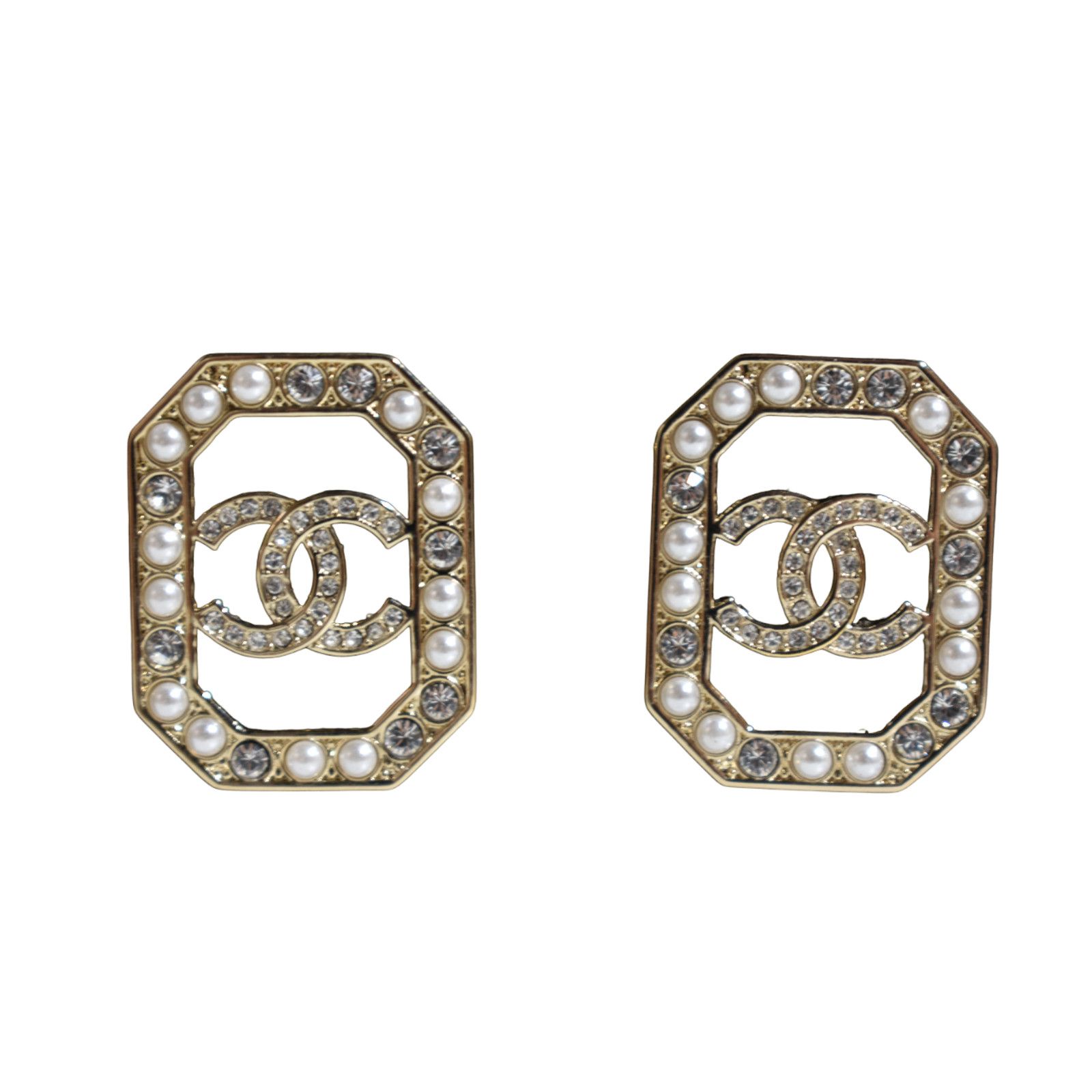 Chanel Chanel Gold Pearl White Crystal Drop Statement Stud Earrings Size ONE SIZE - 1 Thumbnail