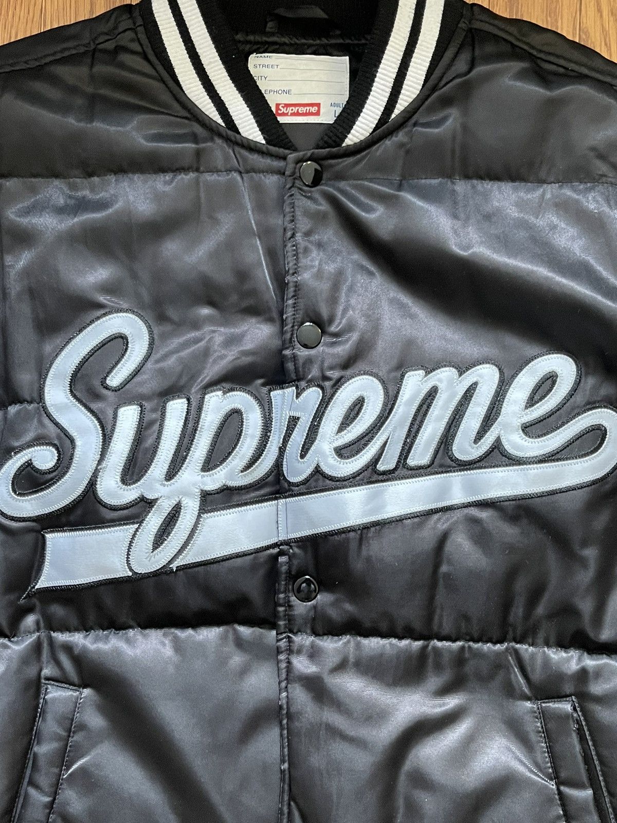 Supreme Black Supreme Script Varsity Puffer Sz. L Size US L / EU 52-54 / 3 - 6 Thumbnail