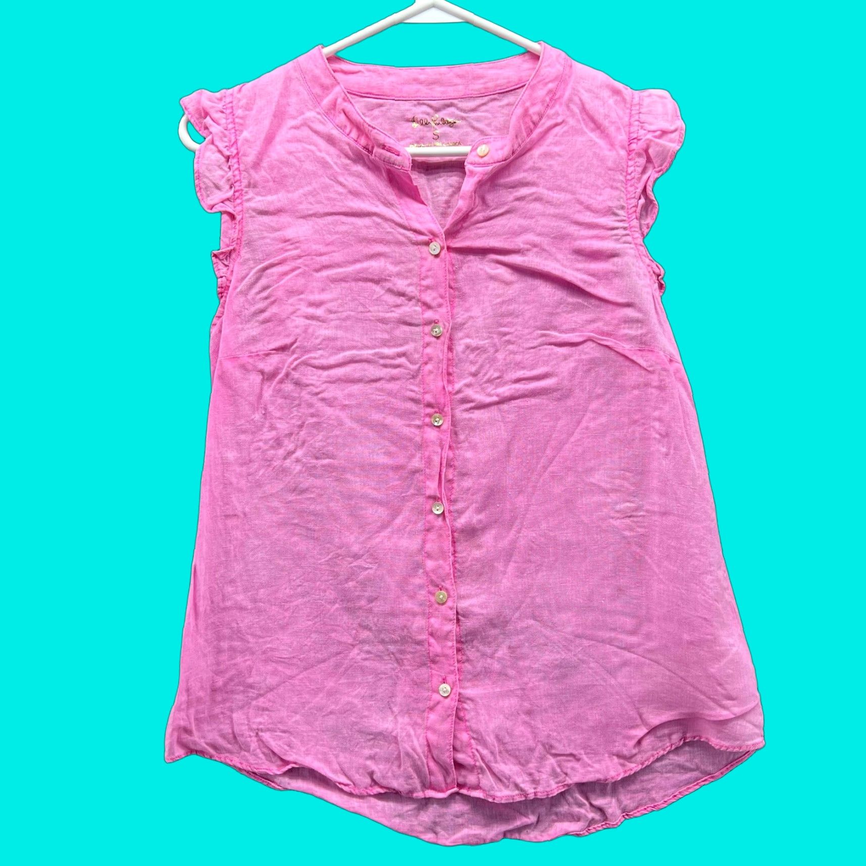 Lilly Pulitzer VINTAGE Lilly Pulitzer Blouse Womens Small Pink Ruffle Flutter Sleeve Button Front Top Size S / US 4 / IT 40 - 1 Thumbnail