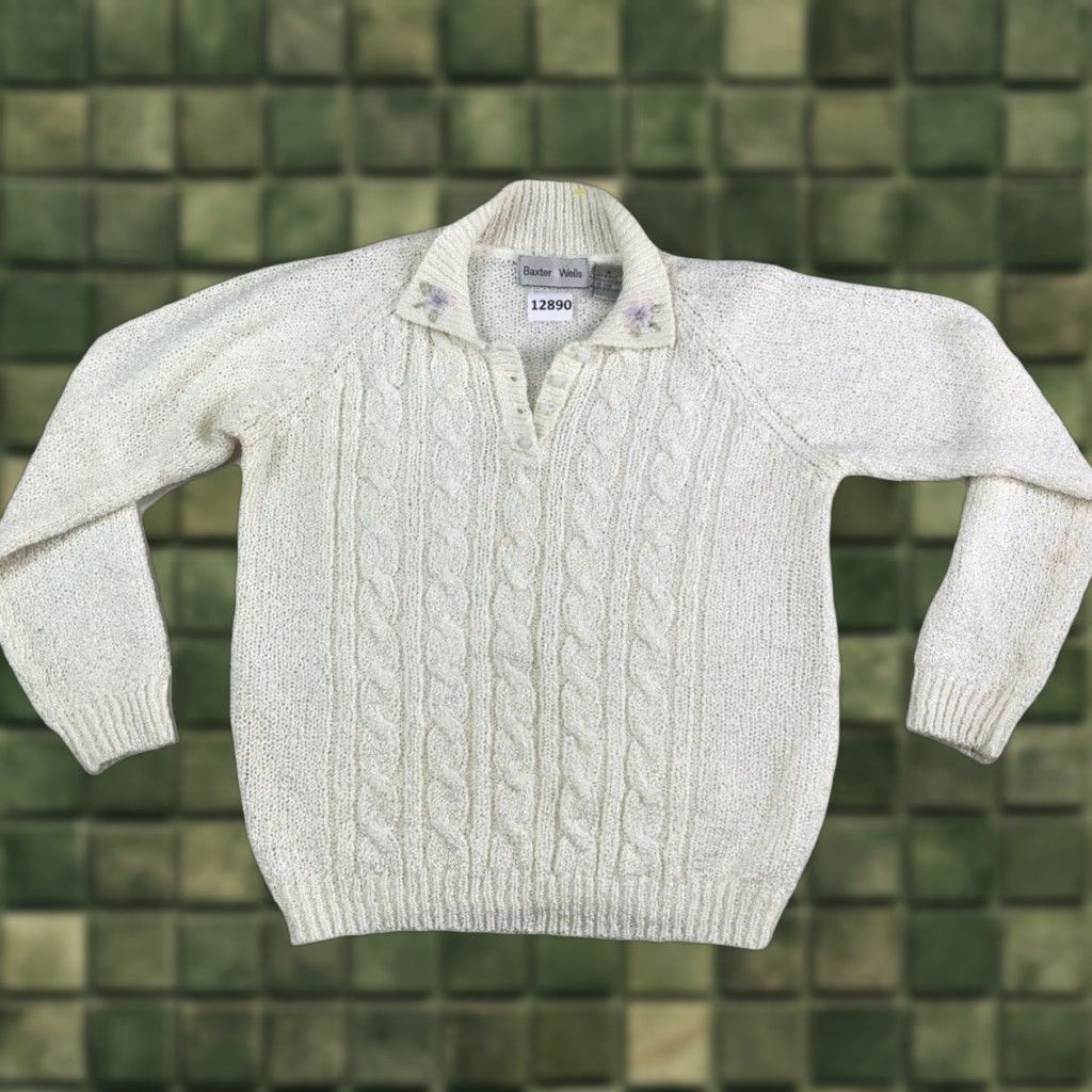 Vintage VINTAGE Baxter & Wells Collared Cable-Knit Embroidery Sweater Womens M Ivory Size M / US 6-8 / IT 42-44 - 1 Thumbnail