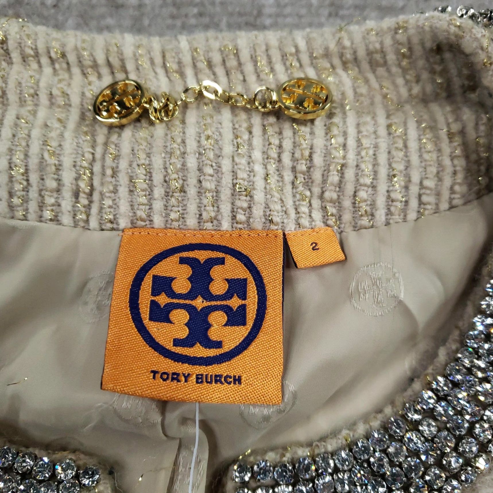 Tory Burch Tory Burch Jacket Womens 2 Beige Tweed Rhinestone Embellished Open Front Size XS / US 0-2 / IT 36-38 - 5 Thumbnail