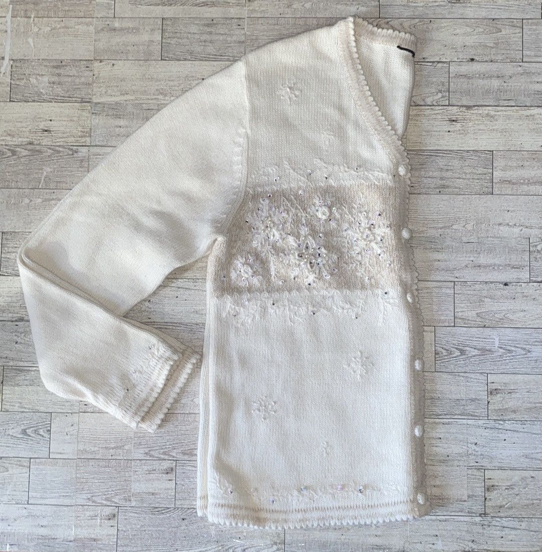 Vintage, Beige, Snowflake Embroidered, Button Down Sweater