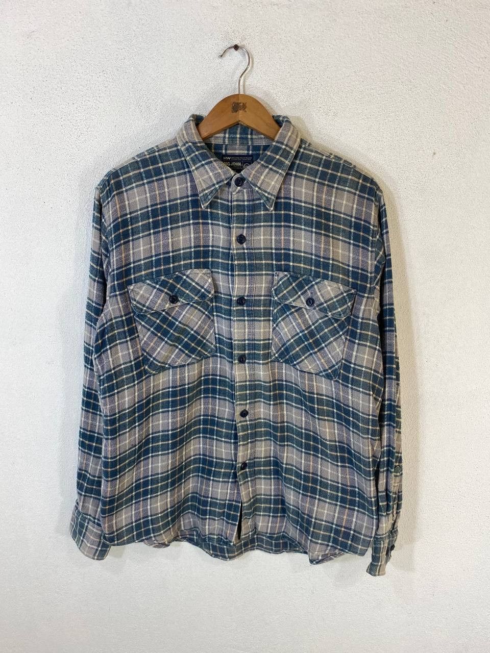 image of Vintage Big John Union Made Flannel Shirt Nice Design in Blue, Men's (Size Large)