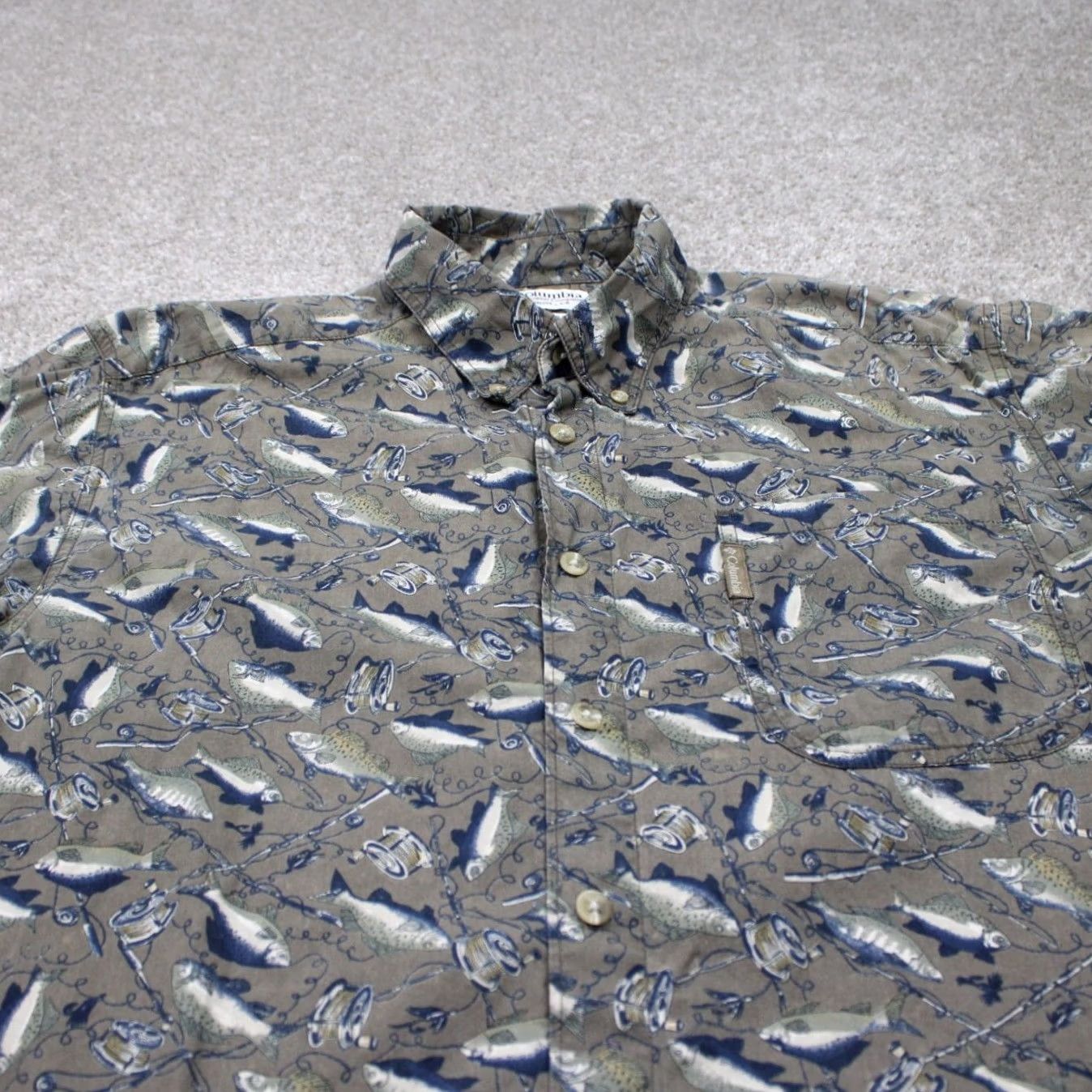 Vintage Columbia Mens Medium Gray/Blue Fish All Over Print Cotton Long Sleeve Shirt Size US M / EU 48-50 / 2 - 5 Thumbnail