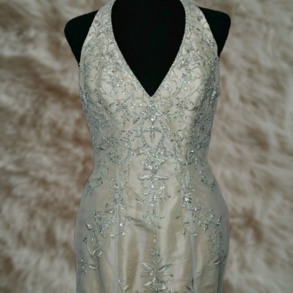 Vintage Mari Lee Wedding Dress Gown Sleeveless V Neck Size XS Sequin Lace Champagne/Cream Dress Back Zipper Duchess Ball Gown Womens Size ONE SIZE - 1 Thumbnail