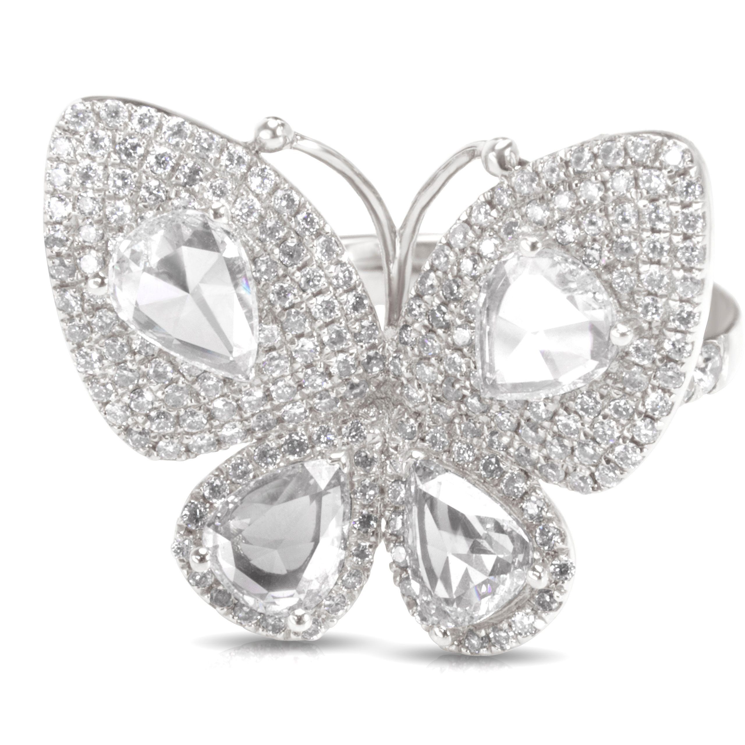 image of Tiffany Co Rose Cut Diamond Butterfly Ring In 18K White Gold (2.50 Ctw), Women's