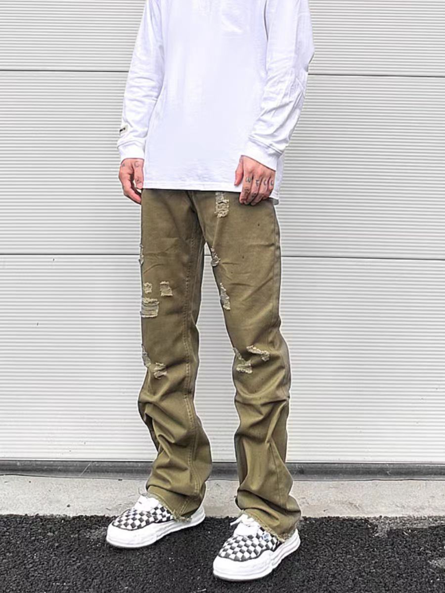 Vintage army green workwear casual ripped raw edge jeans