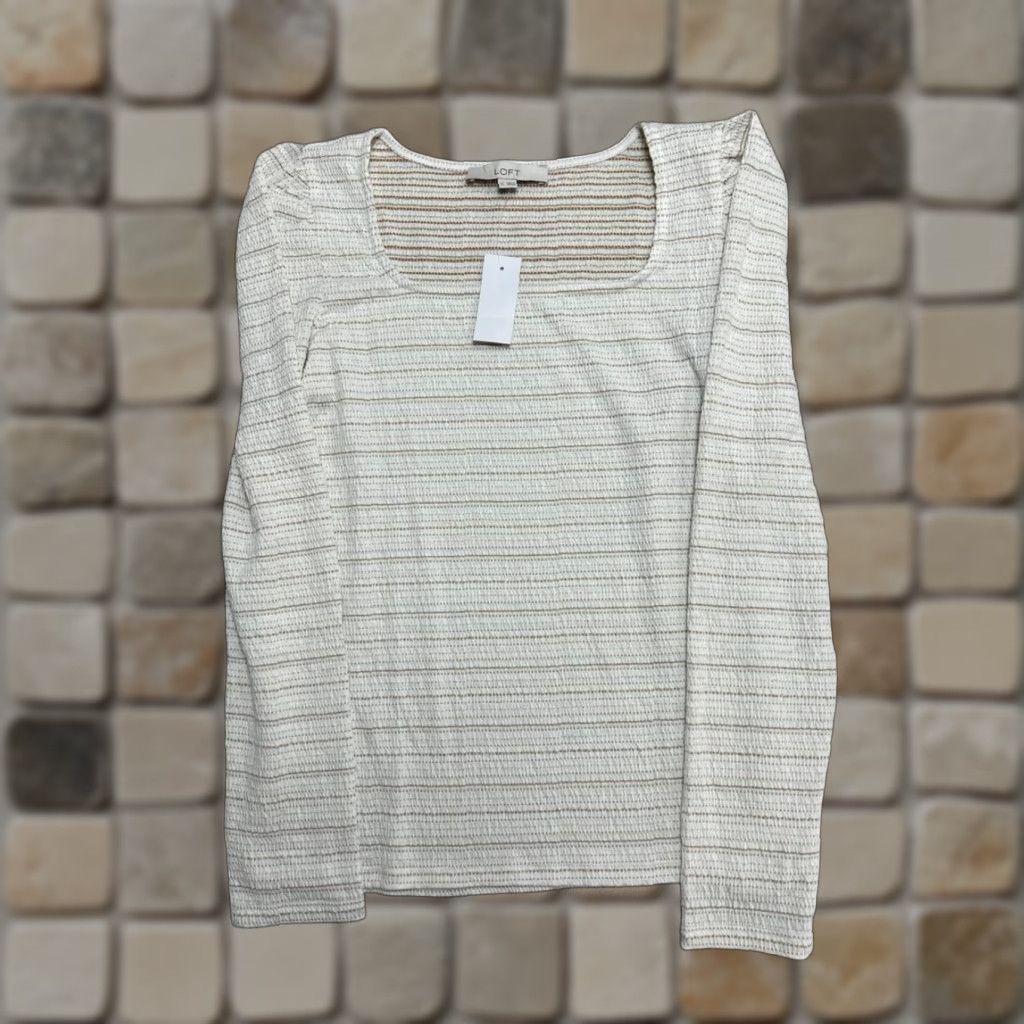 Loft Loft Top Women Medium Beige Stripes Puff Sleeve Square Neck Knit Polyester Rayon Spandex Size M / US 6-8 / IT 42-44 - 1 Thumbnail