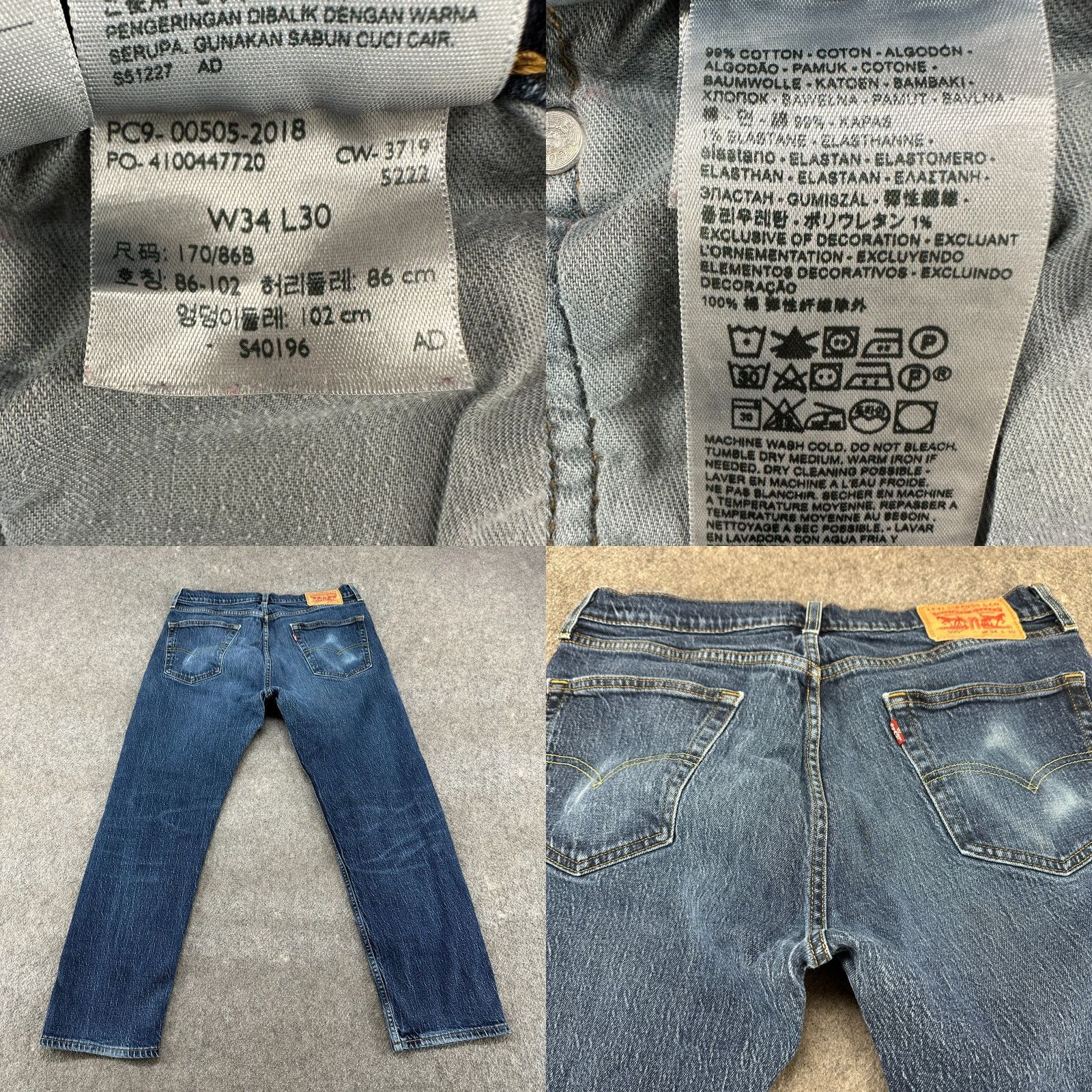 Levi's Levi's 505 Jeans Regular 34x30 Blue Denim 100% Cotton Straight Mid Rise Distressed 5-Pocket Mens Jeans Size US 34 / EU 50 - 9 Thumbnail