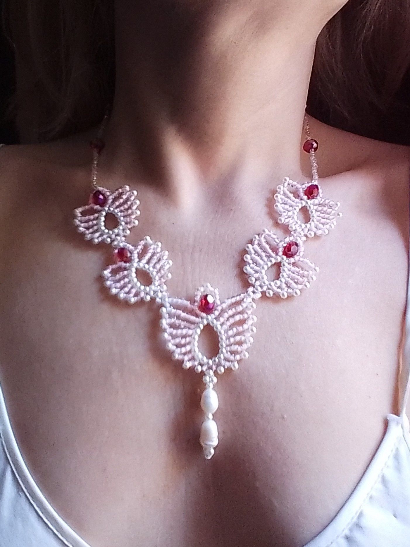 Handmade Necklace Pink lotus flowers with crystal& freshwater pearls Size ONE SIZE - 15 Thumbnail