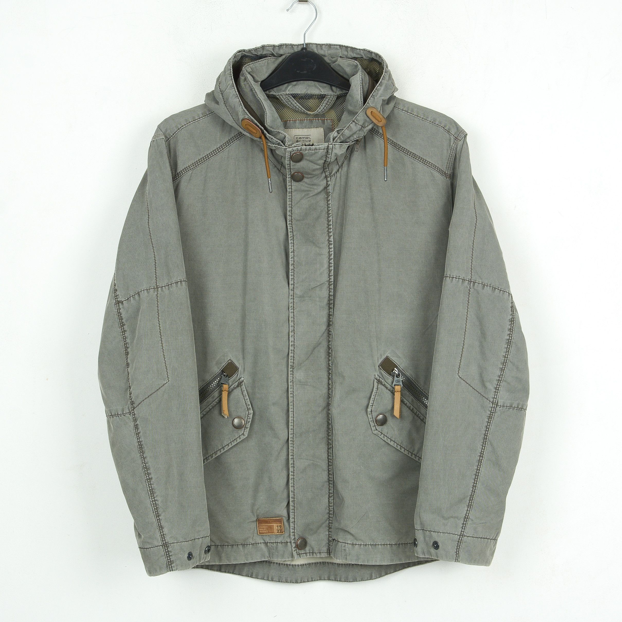 image of Camel x Camel Active Men Field Jacket Cotton Coat Washed Khaki Green Hooded (Size Medium)