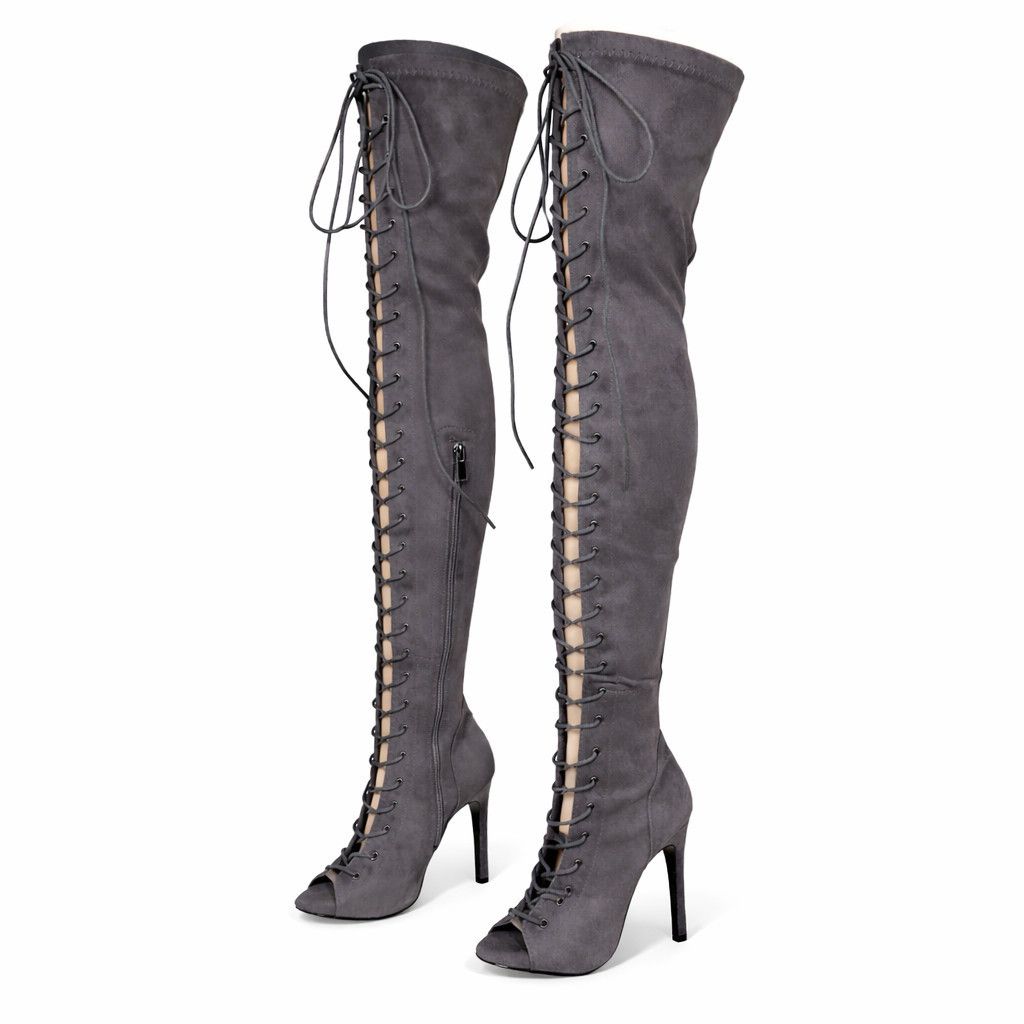 Other Top Show Gray Stretch FX Suede Lace Up Open Toe High Heel OT Size US 8 / IT 38 - 5 Thumbnail