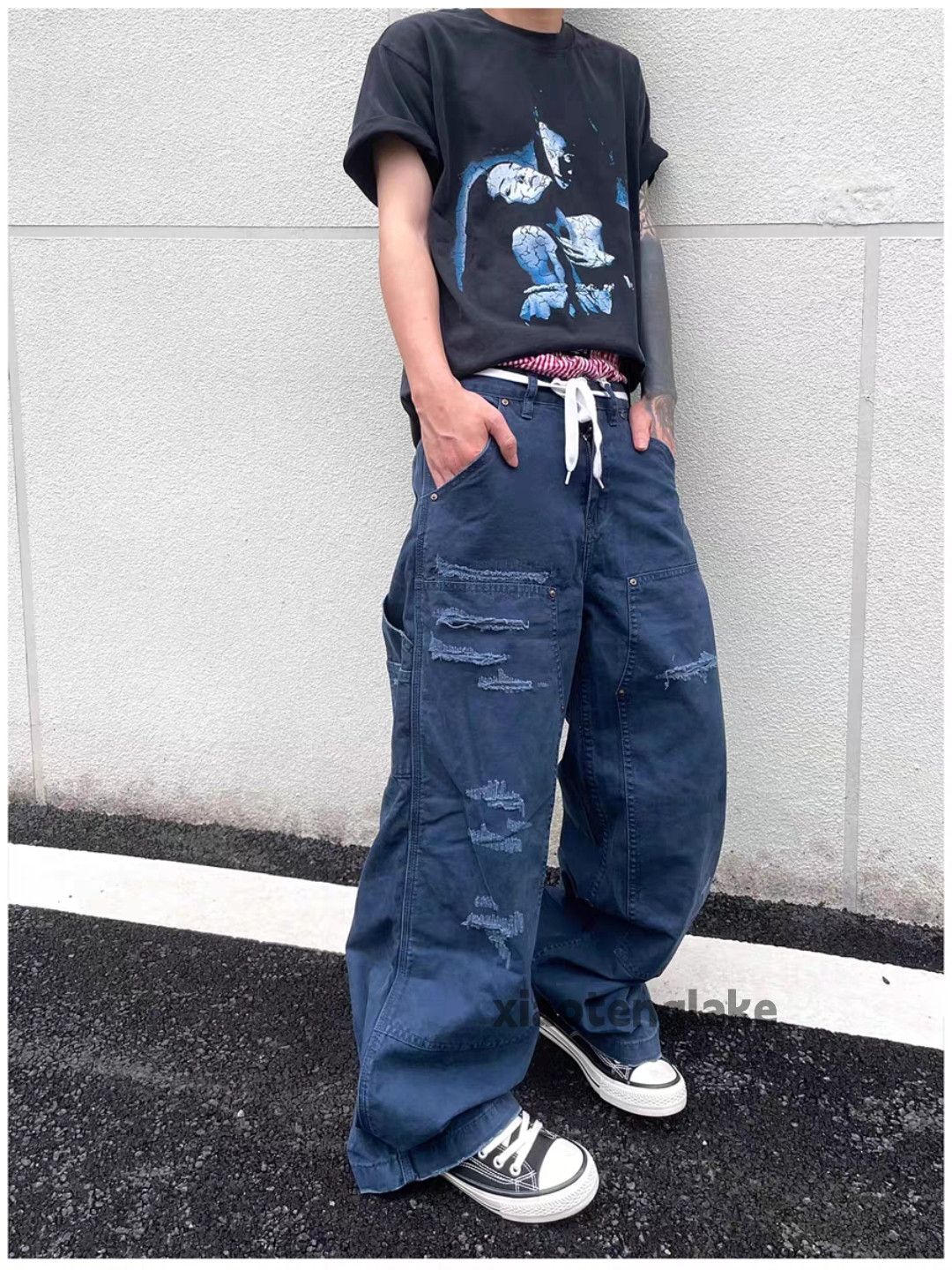 Utility loose baggy skate hiphop ripped carpenter pants