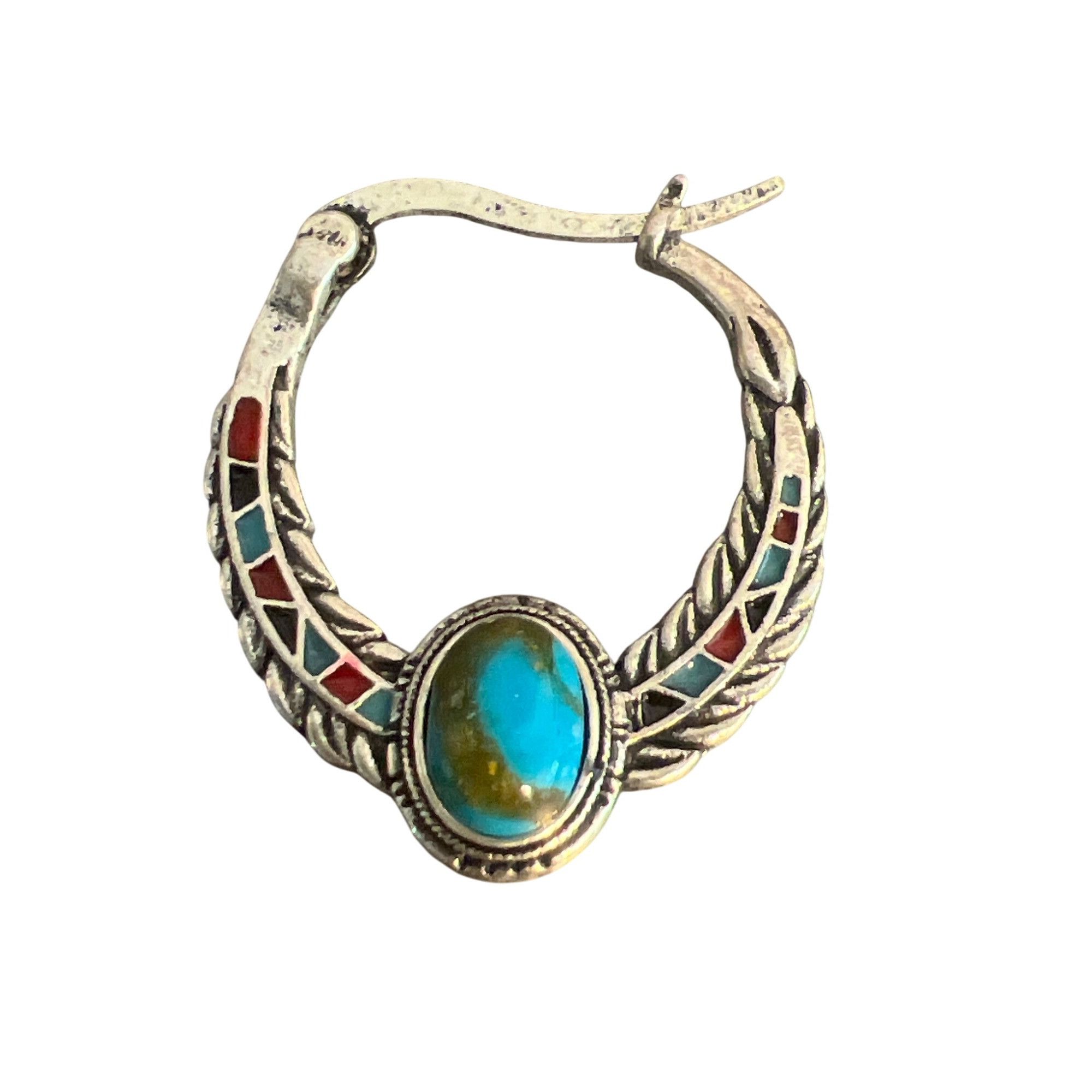 Other Vintage Silver Tone Hoop Earrings Faux Turquoise Enamel Sout Size ONE SIZE - 2 Thumbnail