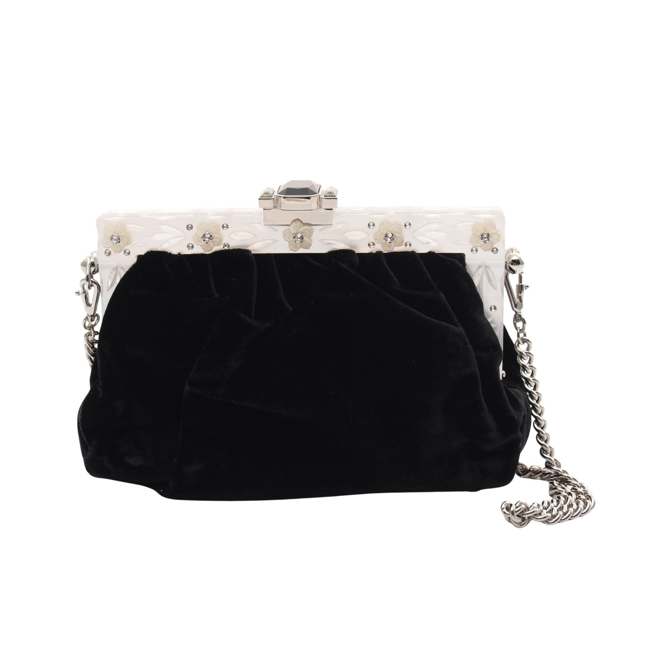 Dolce & Gabbana Dolce Gabbana Chain Shoulder Bag Flower Rhinestone Velor Black Silver Clear Size ONE SIZE - 1 Thumbnail