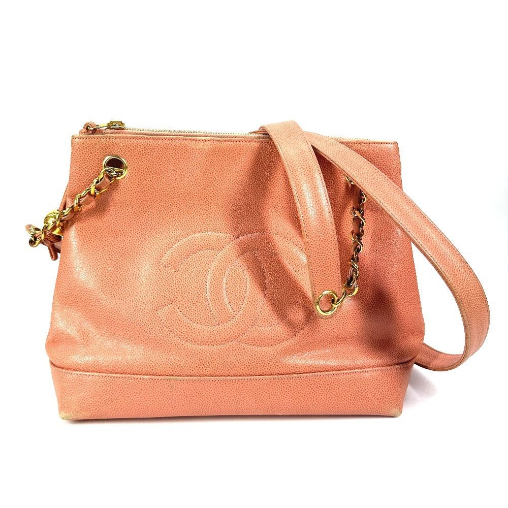 Chanel Cc Coma Mark Double Chain Logo Shawl Briefcase Tote Bag Shoulder Caviar Skin Women Pink