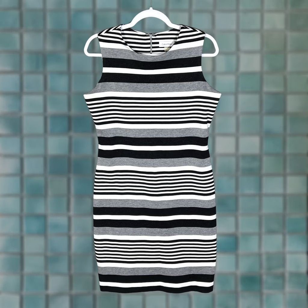 calvin klein black white striped dress Calvin Klein Womens Black White Striped Sleeveless Fit & Flare Dress Size 4