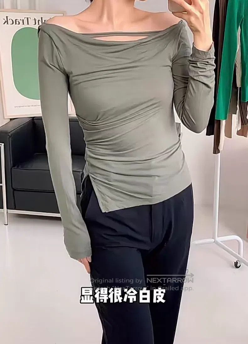 Helmut Lang Helmut Lang Grey-green gathered off-shoulder long-sleeve Size XS / US 0-2 / IT 36-38 - 1 Thumbnail