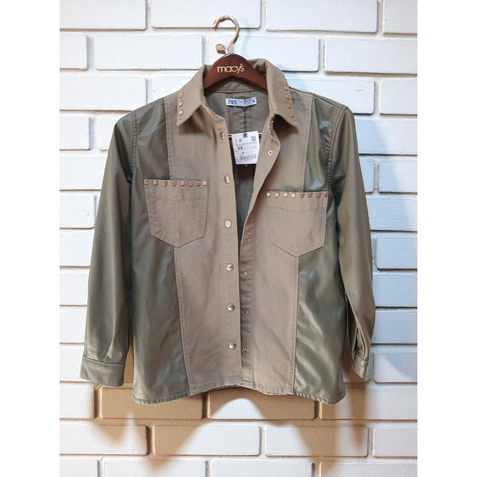 Zara ZARA Army Green Contrast Faux Leather Sleeve Studs Jacket XS Size XS / US 0-2 / IT 36-38 - 1 Thumbnail