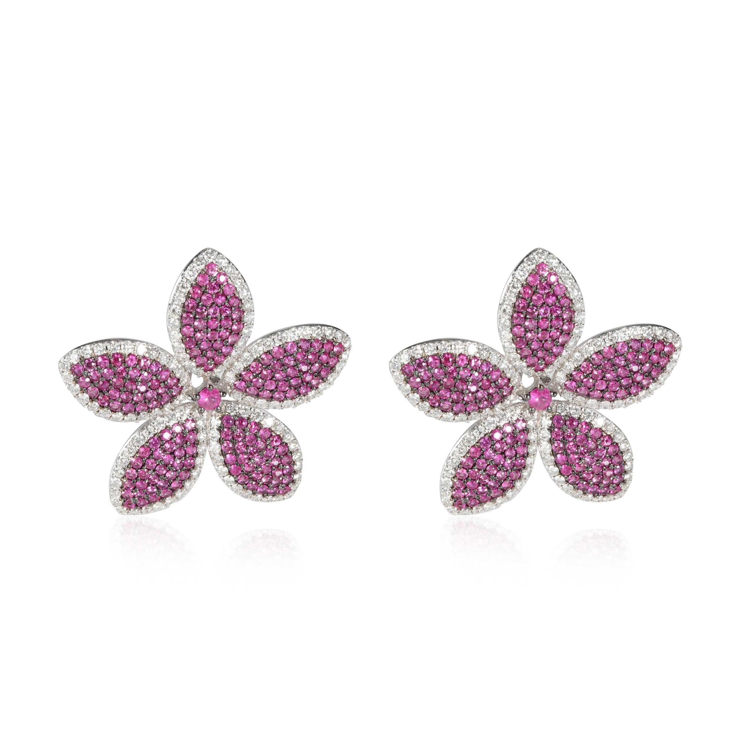 image of Ruby Diamond Five Petal Flower Earrings In 18K White Gold 5.75 Ctw, Women's