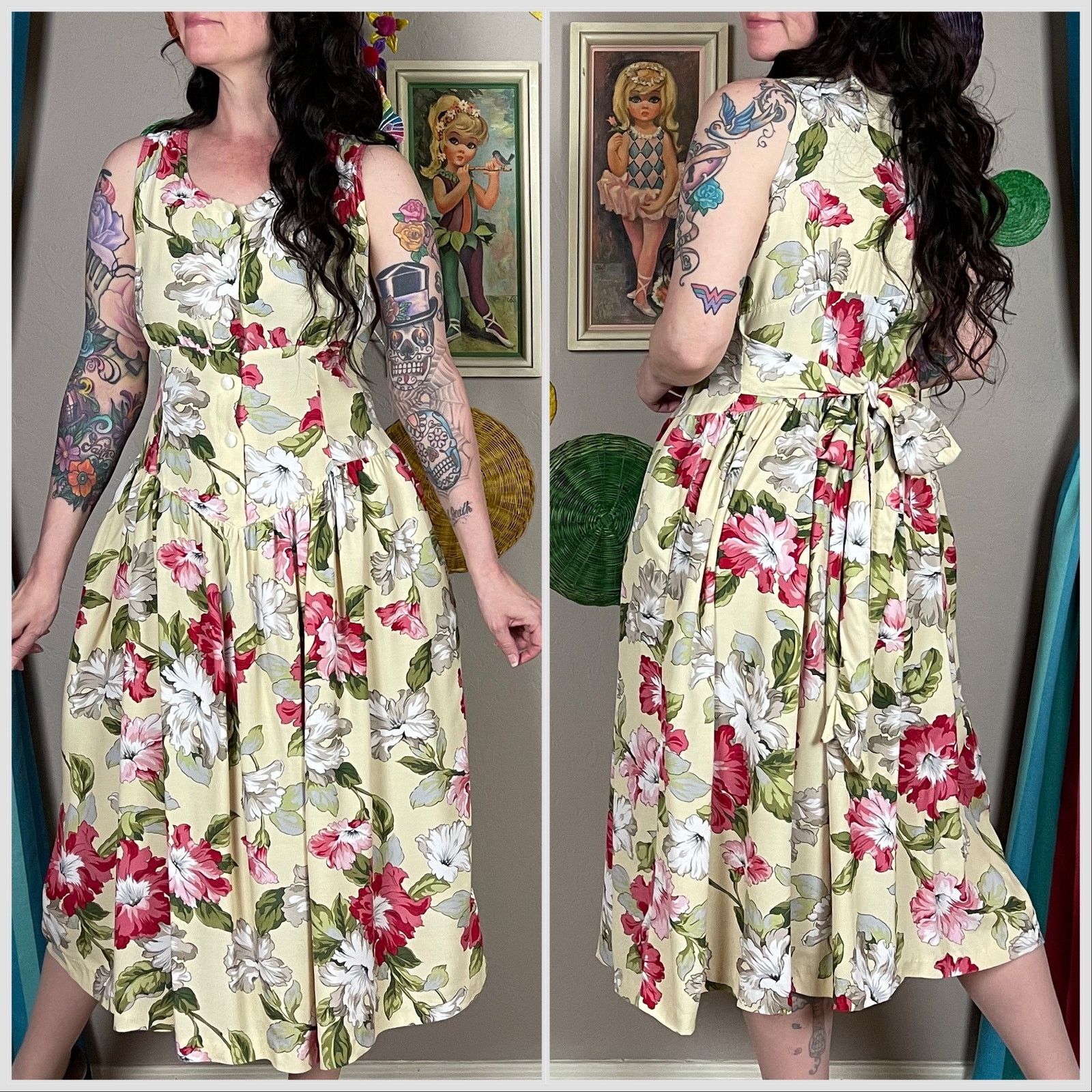 Vintage Vintage 1990s Yellow Floral Sleeveless Midi Sundress Size S / US 4 / IT 40 - 3 Thumbnail