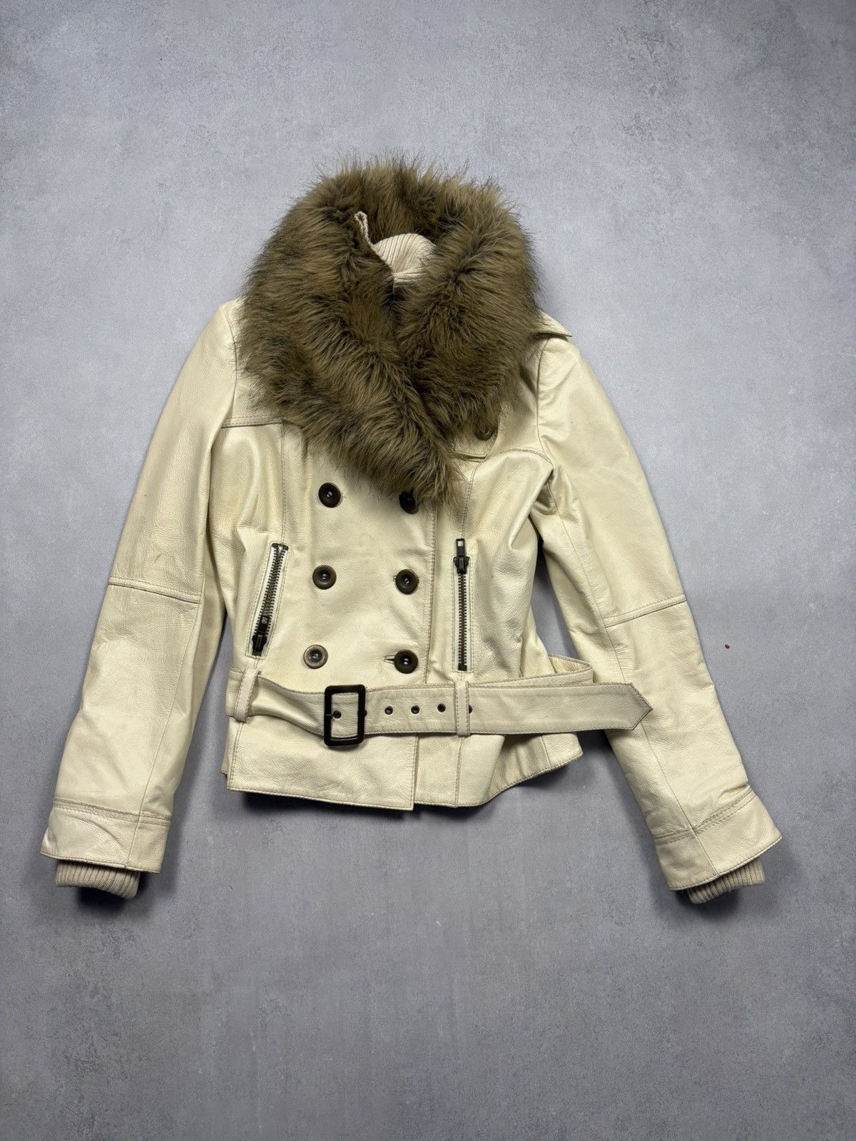 Japanese Brand Vintage Leather Jacket Faux Fur Collar Belted Biker Y2K Hype Size S / US 4 / IT 40 - 1 Thumbnail
