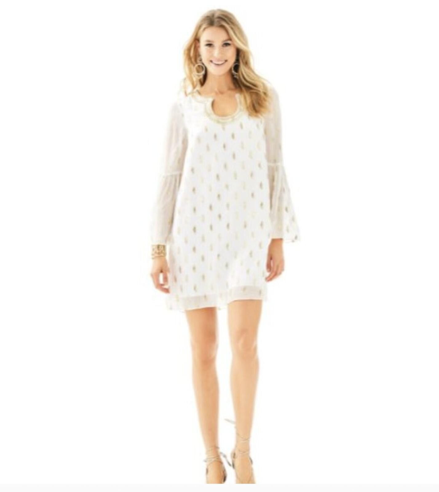Lilly Pulitzer Lilly Pulitzer Amory Silk Dress Resort White Gold Metallic Size M / US 6-8 / IT 42-44 - 1 Thumbnail