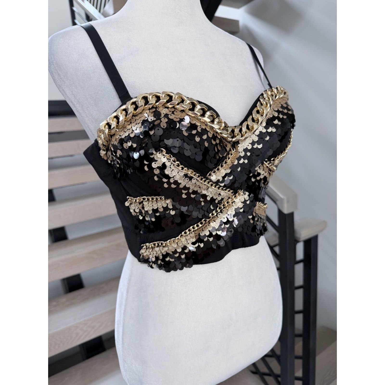 Other New Y2K Glam Black and Gold Sequin Bustier Crop Top size S Size S / US 4 / IT 40 - 8 Thumbnail