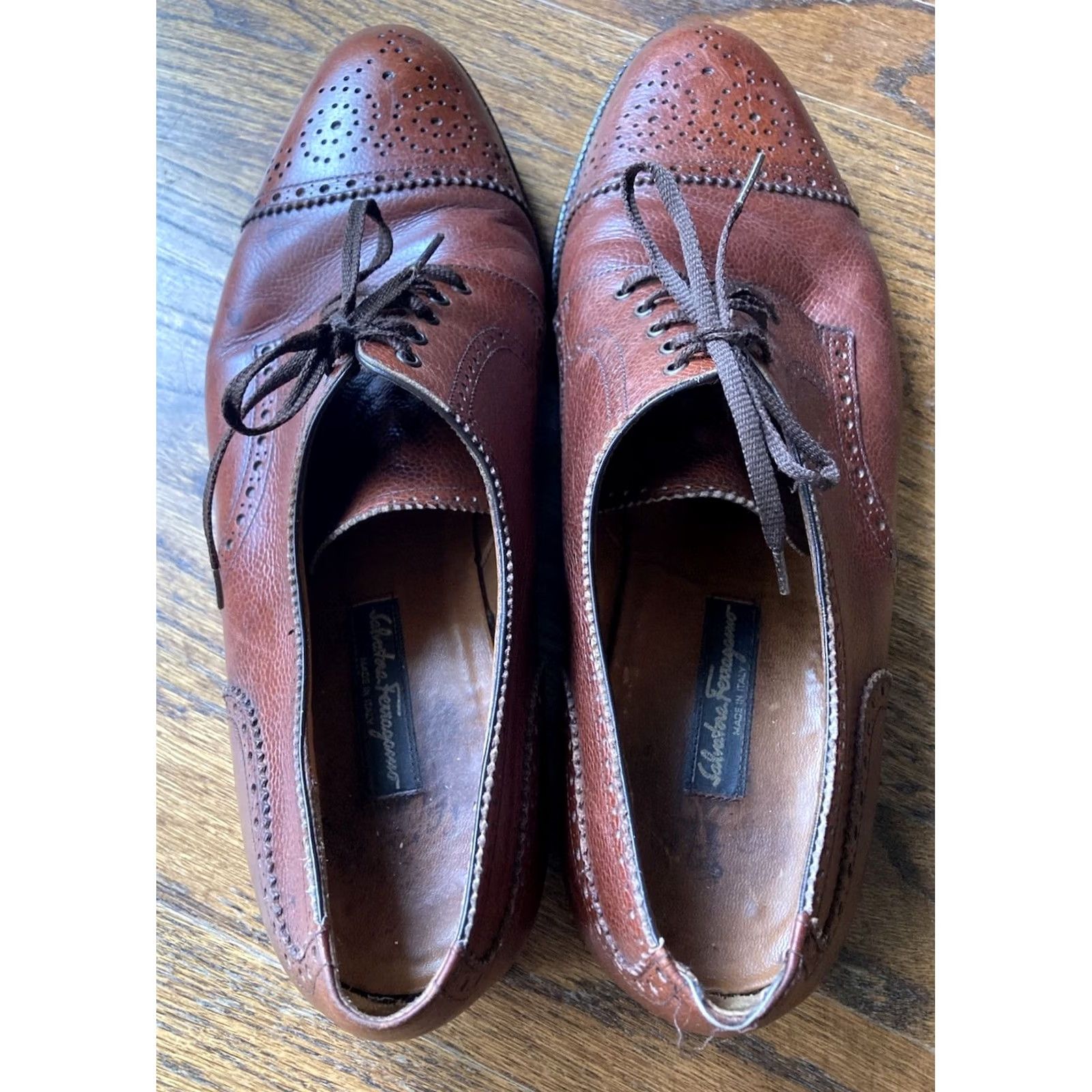 Salvatore Ferragamo VINTAGE Ferragamo Mens Shoes Dress Oxford Cap Toe Leather Brown 12D Italy Mens Size ONE SIZE - 4 Thumbnail