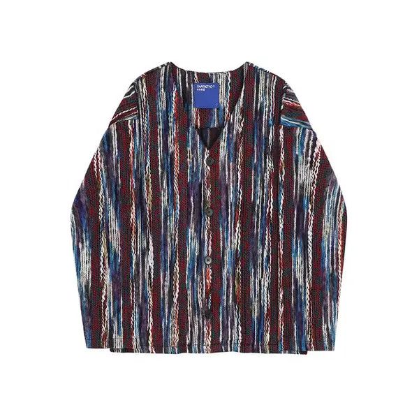 VIBE Burgundy Blue Raw Stripped Pattern Knit Cardigan Sweater Size US M / EU 48-50 / 2 - 2 Thumbnail