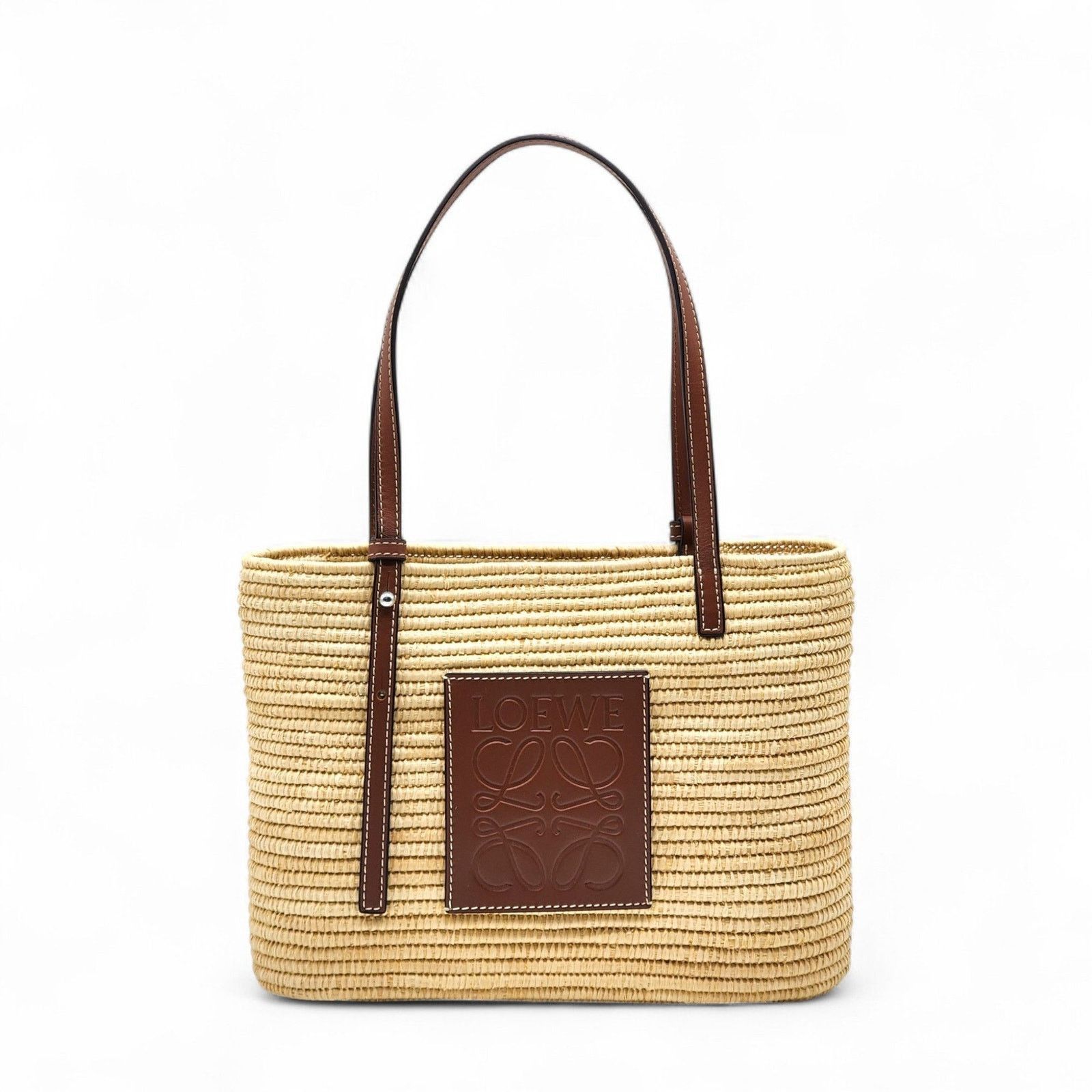 Anagram Medium Woven Raffia Leather Tote Bag – New