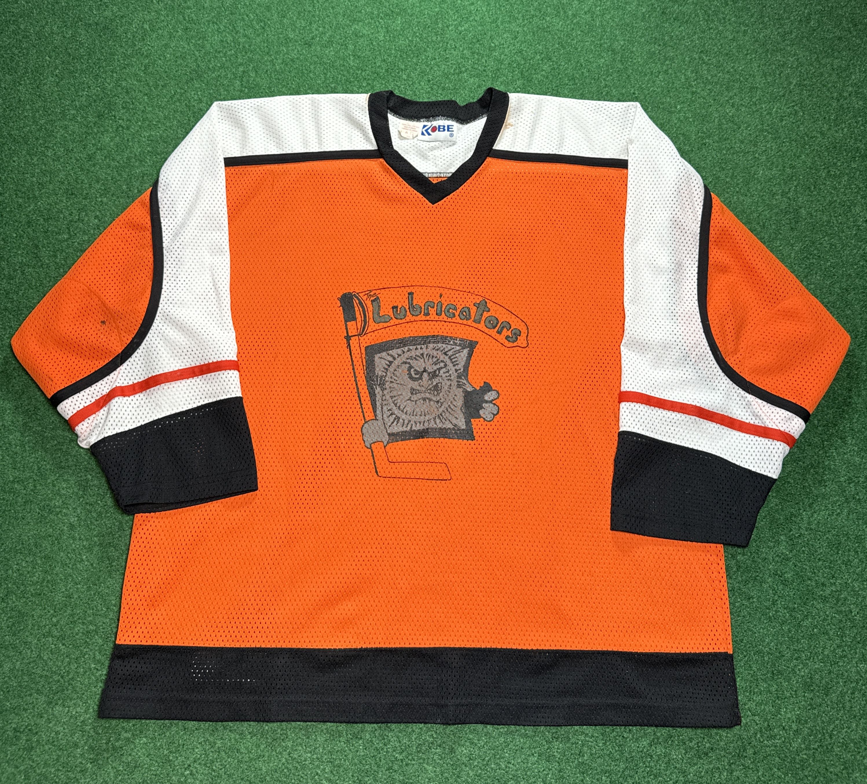 image of Vintage 80's Insane The Lubricators Condom Orange Hockey Jersey in Orange/Black, Men's (Size 2XL)