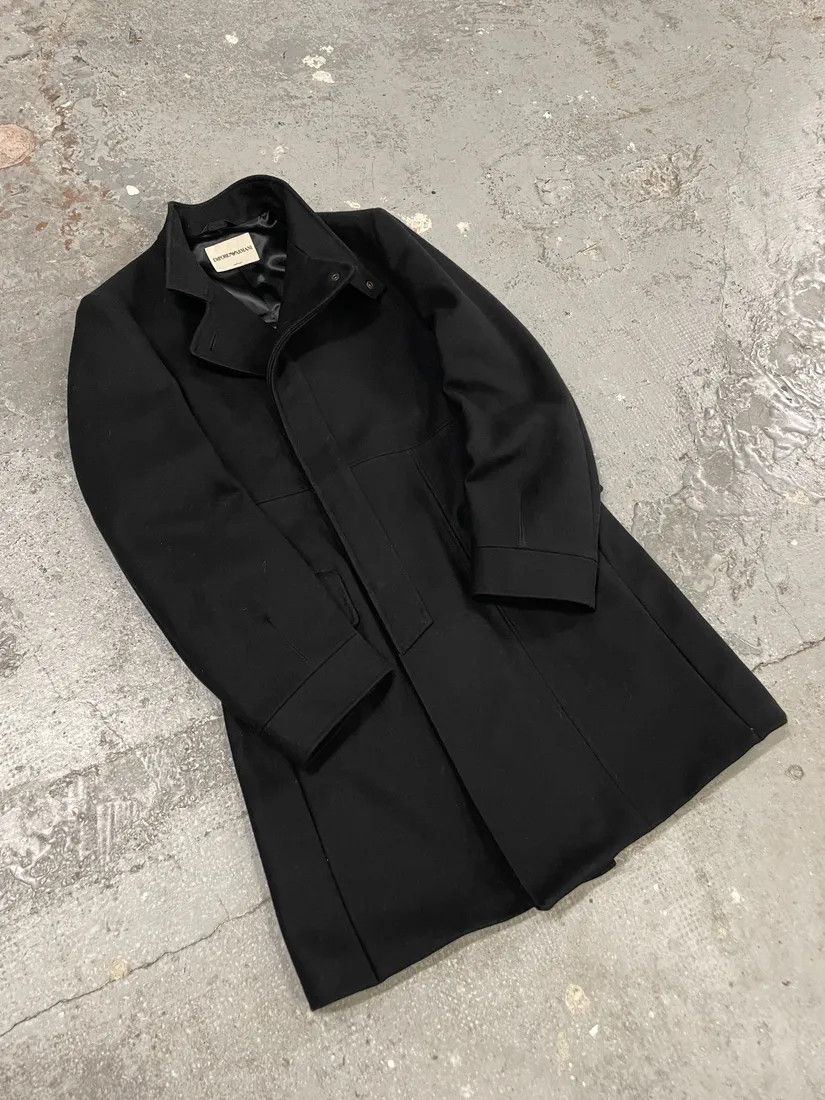 Emporio Armani × Vintage 1990s Emporio Armani Asymmetrical Black Wool Trench Coat Size US M / EU 48-50 / 2 - 5 Thumbnail