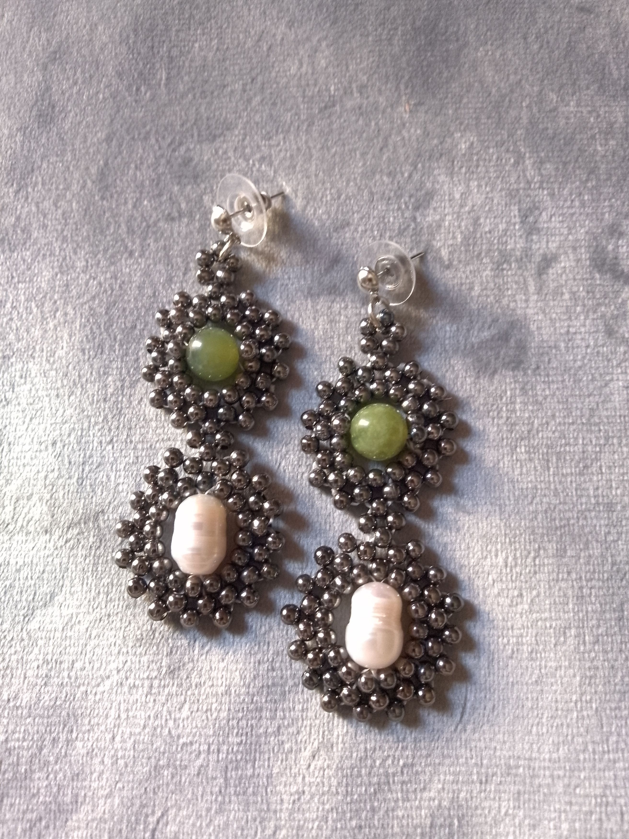 Handmade Earrings with natural freshwater pearls and green Jade Size ONE SIZE - 7 Thumbnail