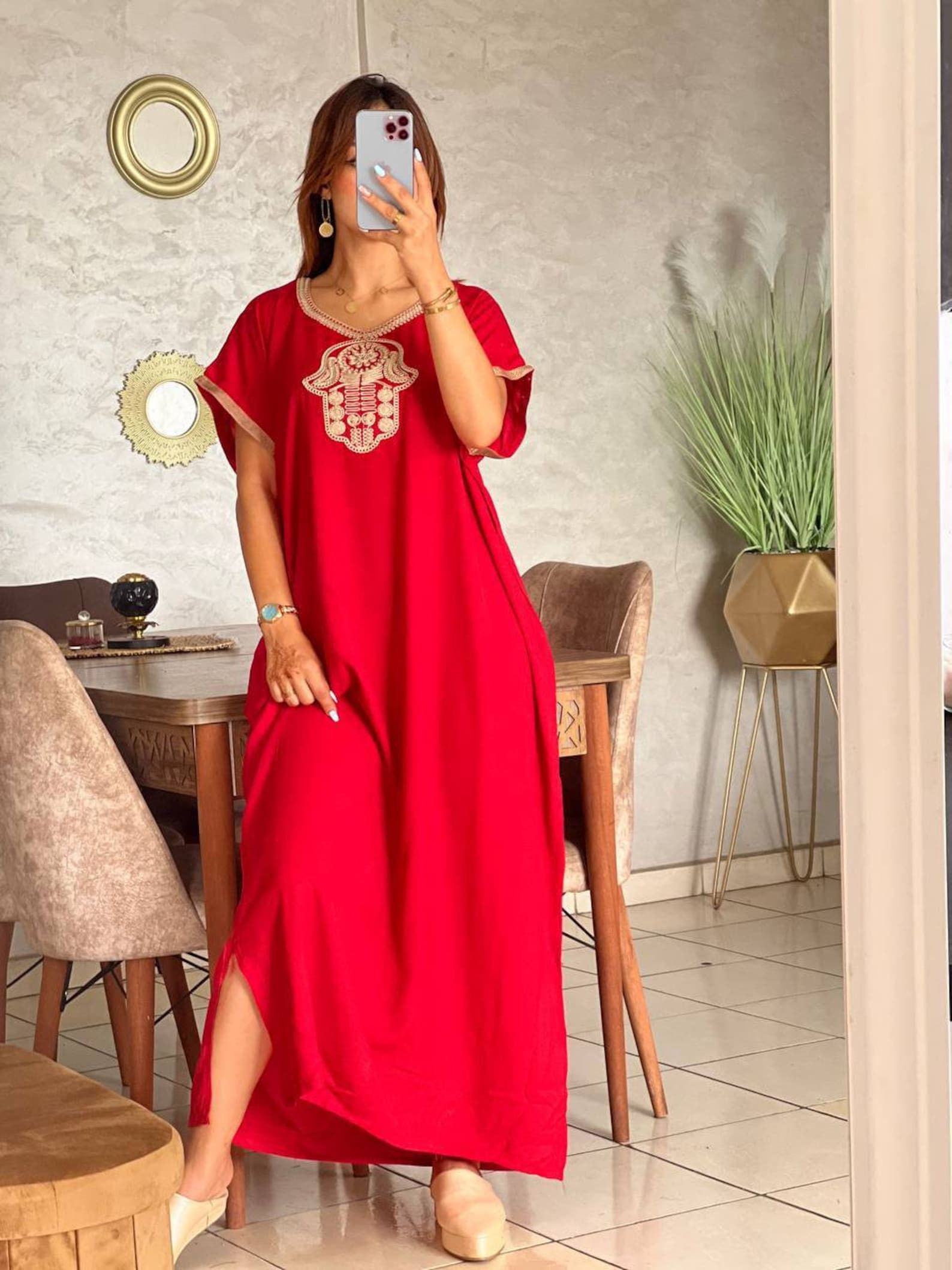 Designer × Handmade Red Moroccan Kaftan Djellaba Size ONE SIZE - 1 Thumbnail