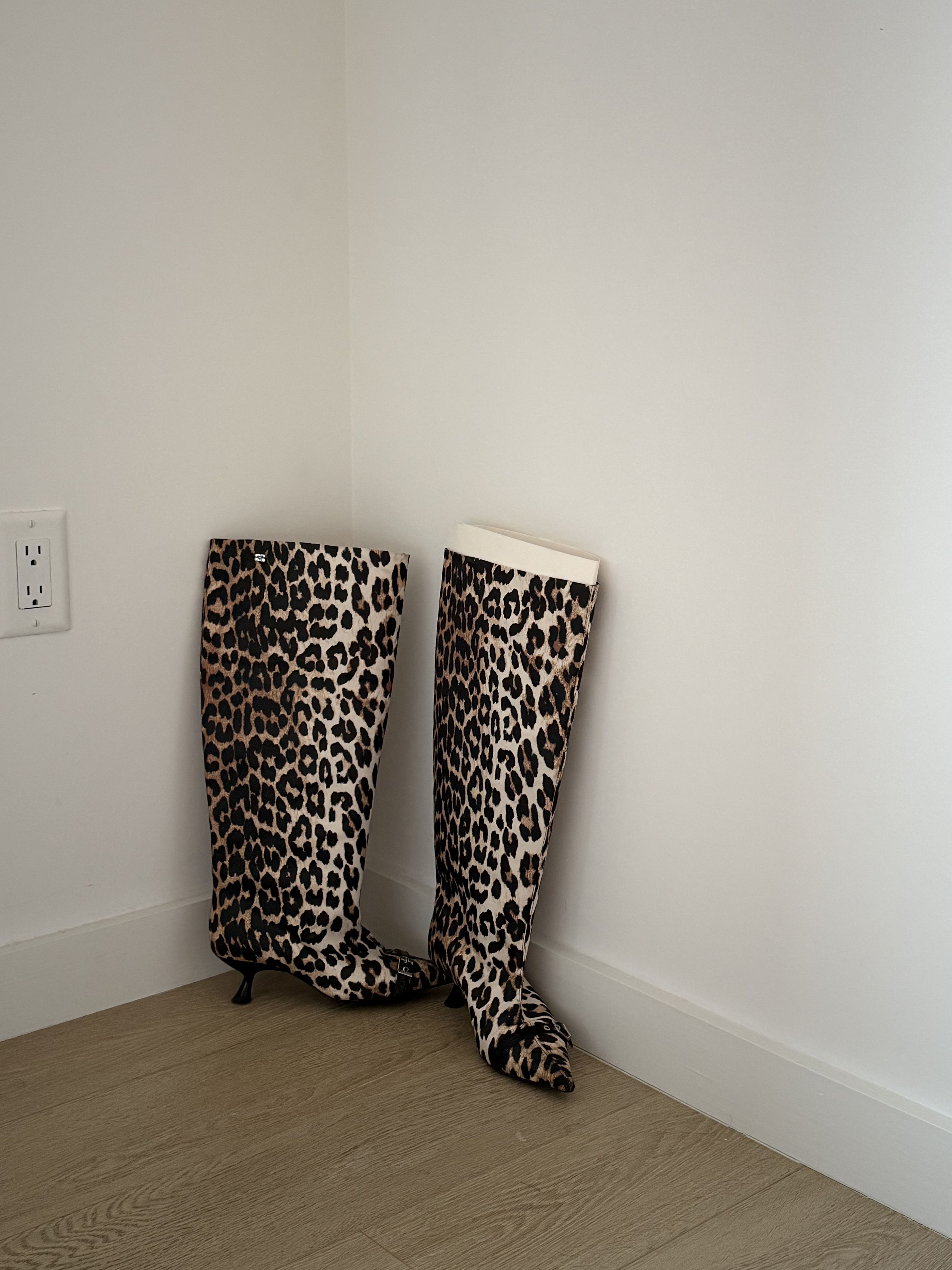 Ganni Ganni Leopard Print Pointed-Toe Knee-Length Boots Size US 7.5 / IT 37.5 - 1 Thumbnail