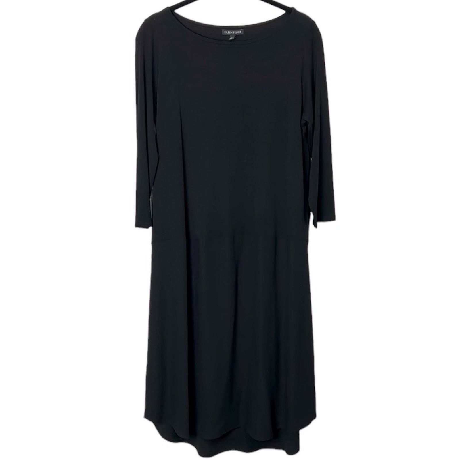 image of Eileen Fisher 100% Silk Black Long Sleeve Midi Dress, Women's (Size Small)