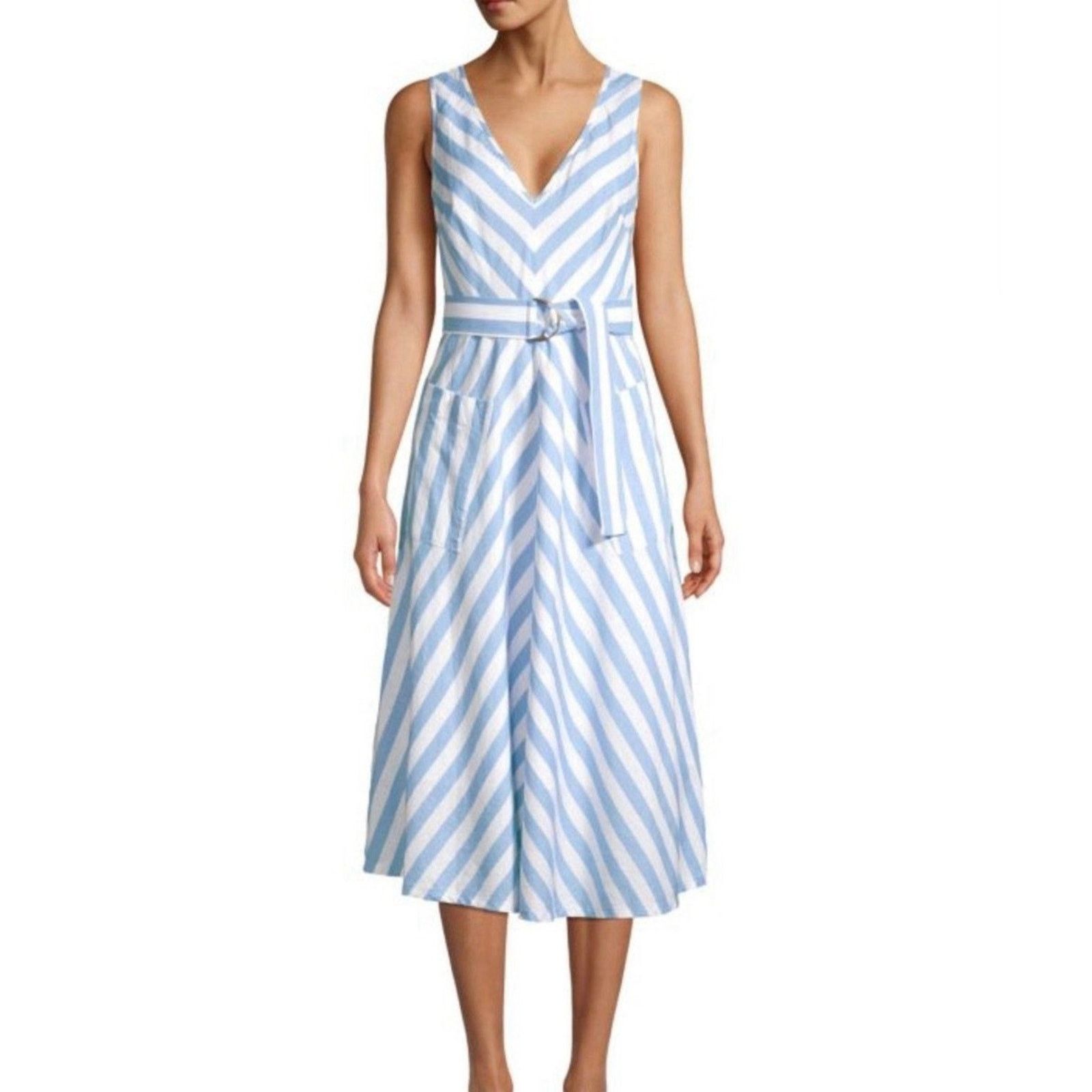 Kate Spade Kate Spade Deck Stripe Linen Blend V Neck Midi Dress Blue 8 Size M / US 6-8 / IT 42-44 - 2 Thumbnail