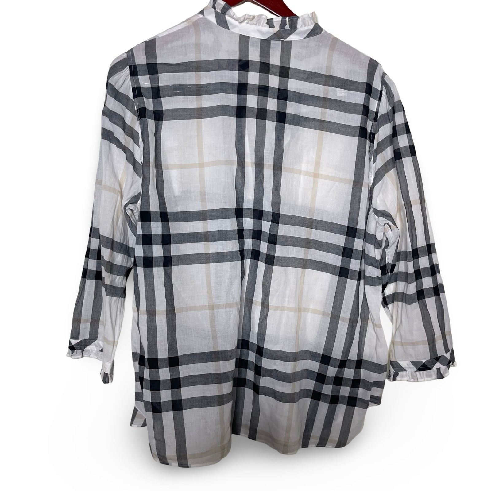 Burberry White Black Plaid Print 3/4 Sleeve Button-Up Top 12