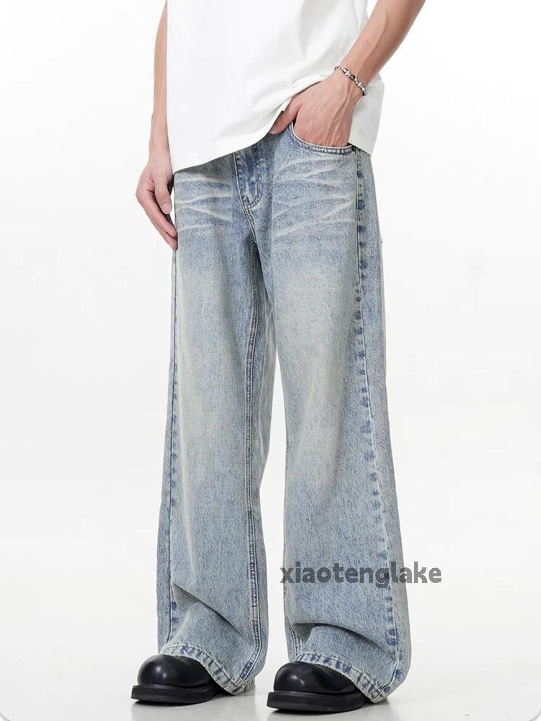 Jean Unisex washed faded double waist loose baggy jeans Size US 32 / EU 48 - 1 Thumbnail