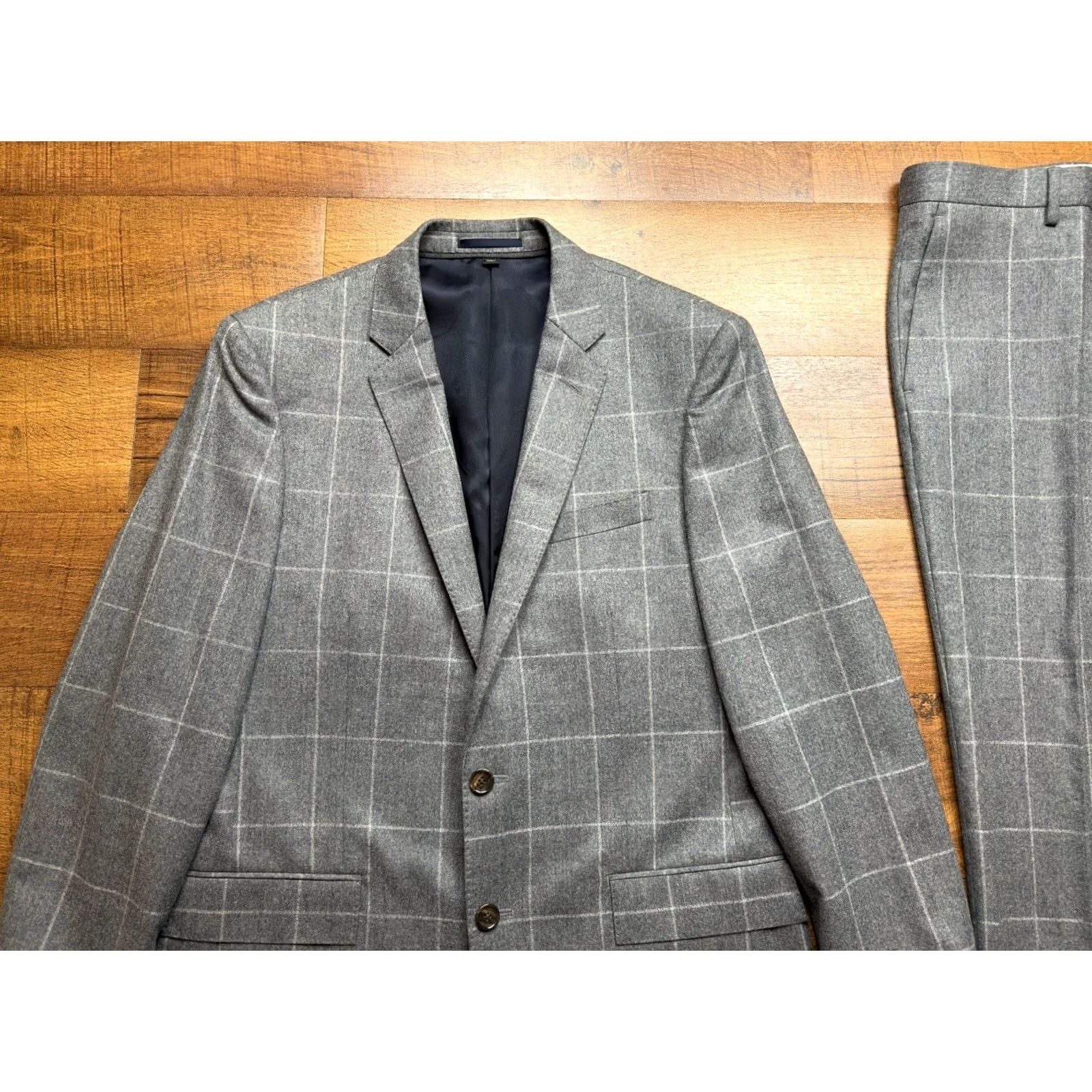 J.Crew J. Crew Ludlow Barberis Canonico Italy Dual Vent 2 Piece Suit 40R Gray Wool Windowpane Slim 40 Mens Size 34R - 3 Thumbnail