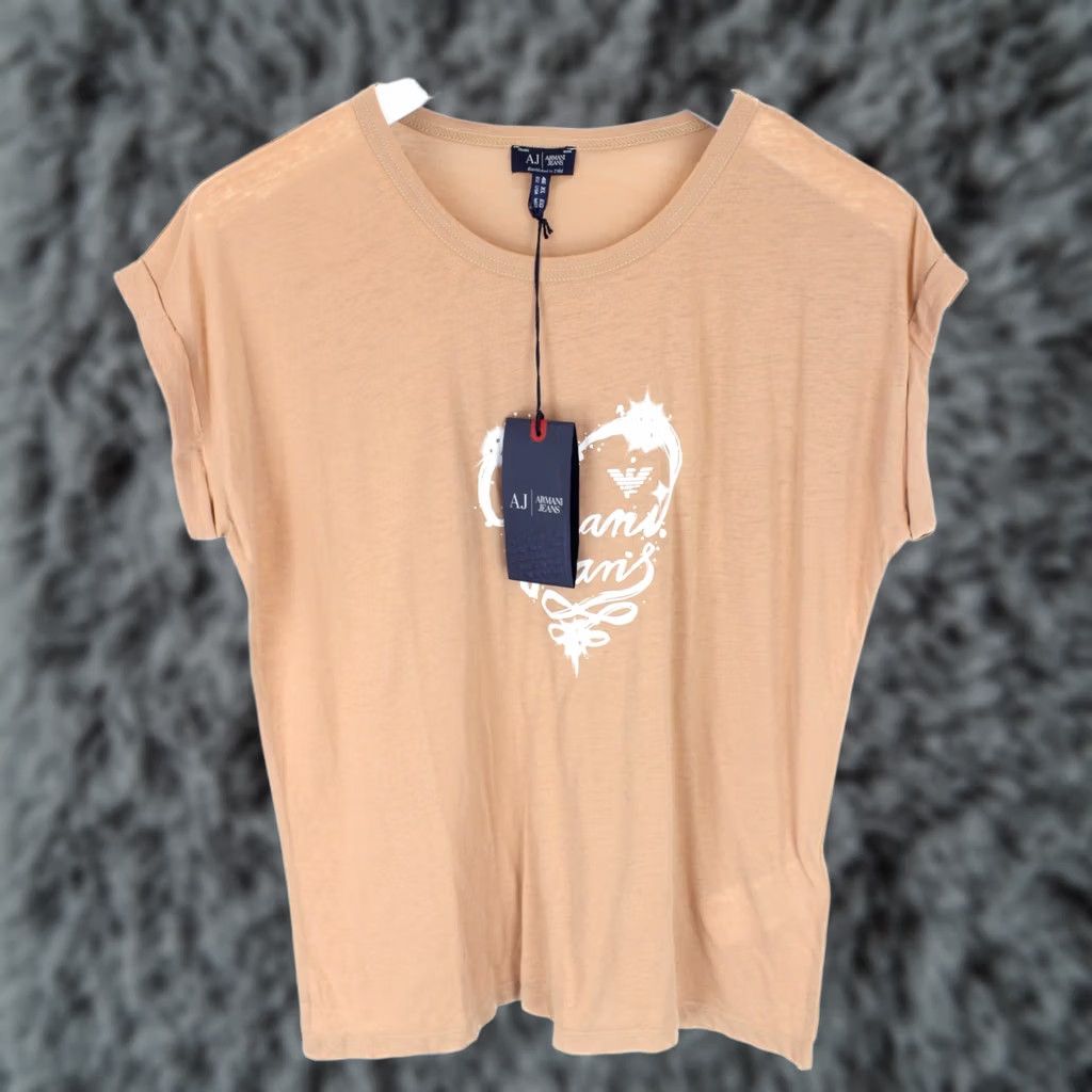 Vintage ARMANI JEANS Women's T-Shirt EU 46 Short Sleeve Stretchy Patterned Rhinestone Brown Size L / US 10 / IT 46 - 1 Thumbnail
