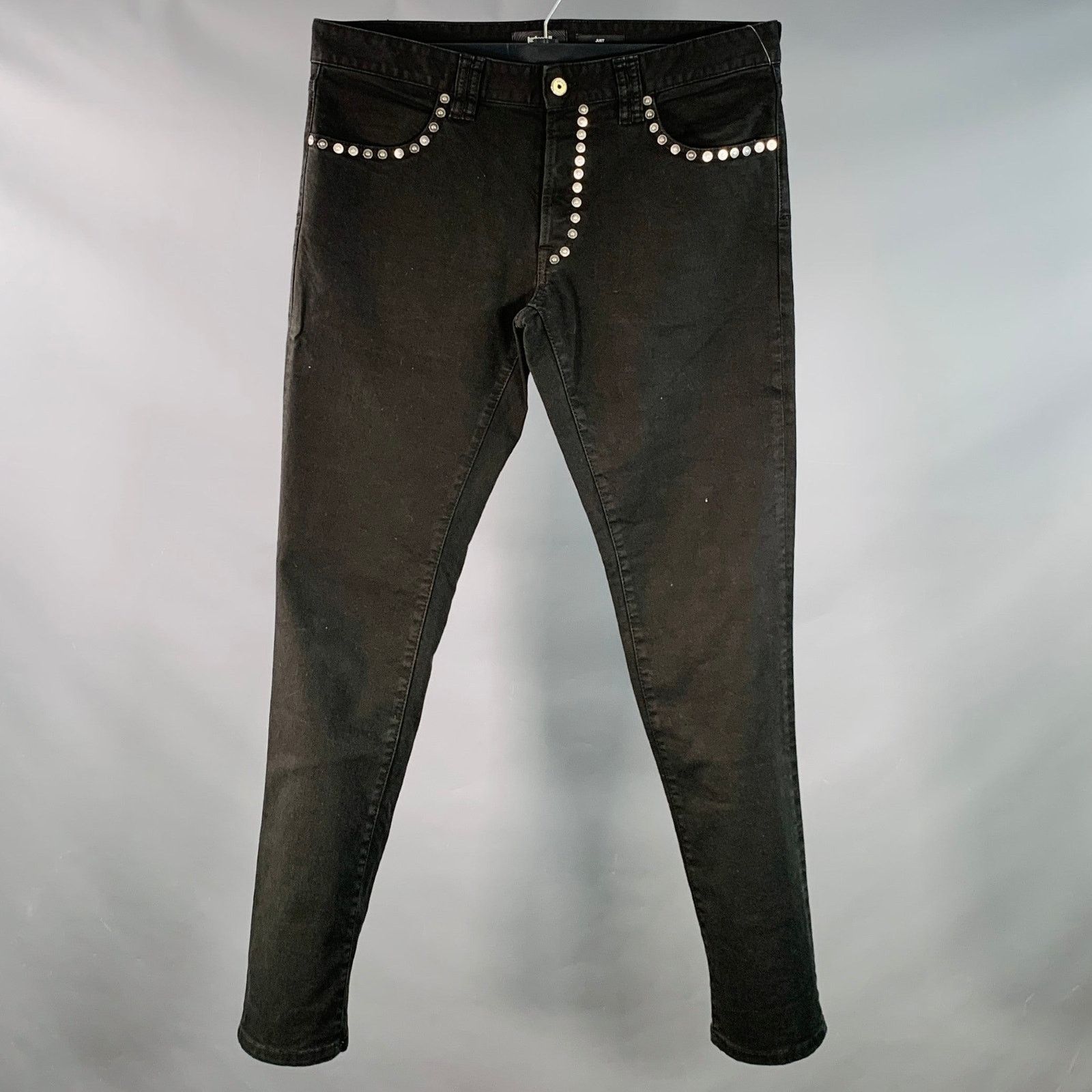 Just Cavalli Size 33 Black Silver Studded Cotton Denim Button Fly Jeans Size US 33 - 1 Thumbnail
