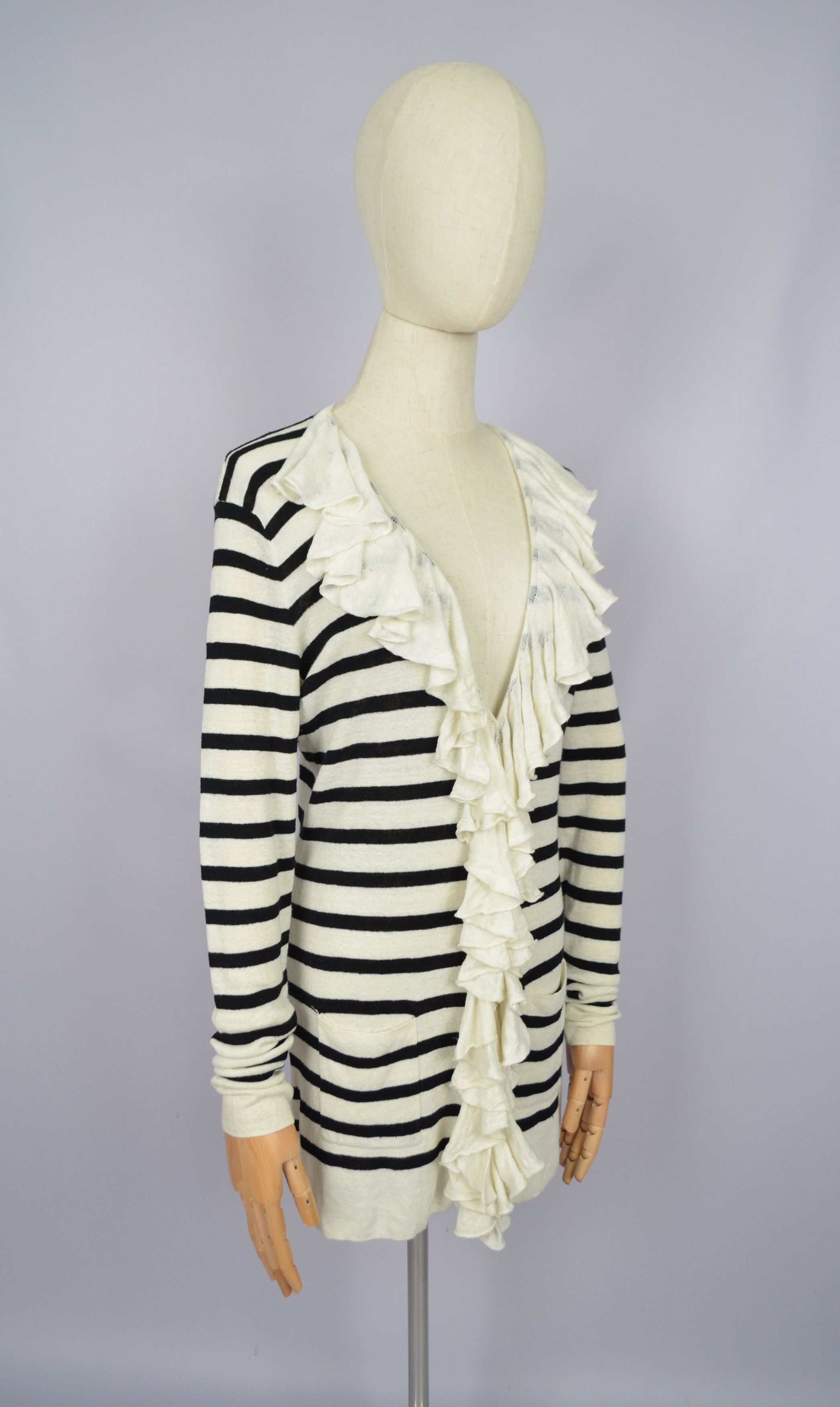 Ralph Lauren 100% Linen Knit Ribbed Trim Ruffled Cardigan