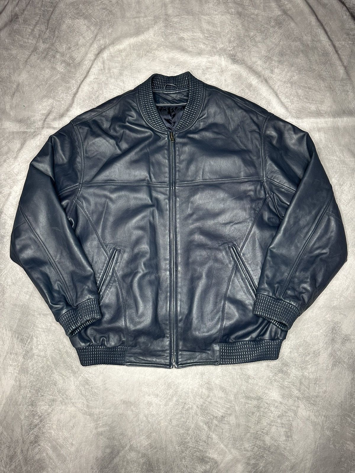 Other Leather Bomber Jacket Navy Blue Zip Pockets Size US XXL / EU 58 / 5 - 1 Thumbnail