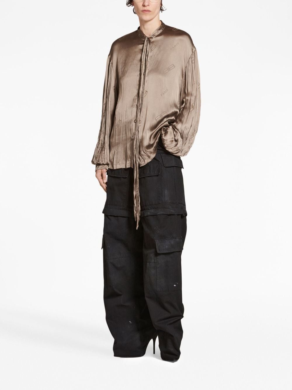 Balenciaga o1bcso1str1124 BB Paris All Over Oversized Blouse in Beige Size XS / US 0-2 / IT 36-38 - 2 Thumbnail